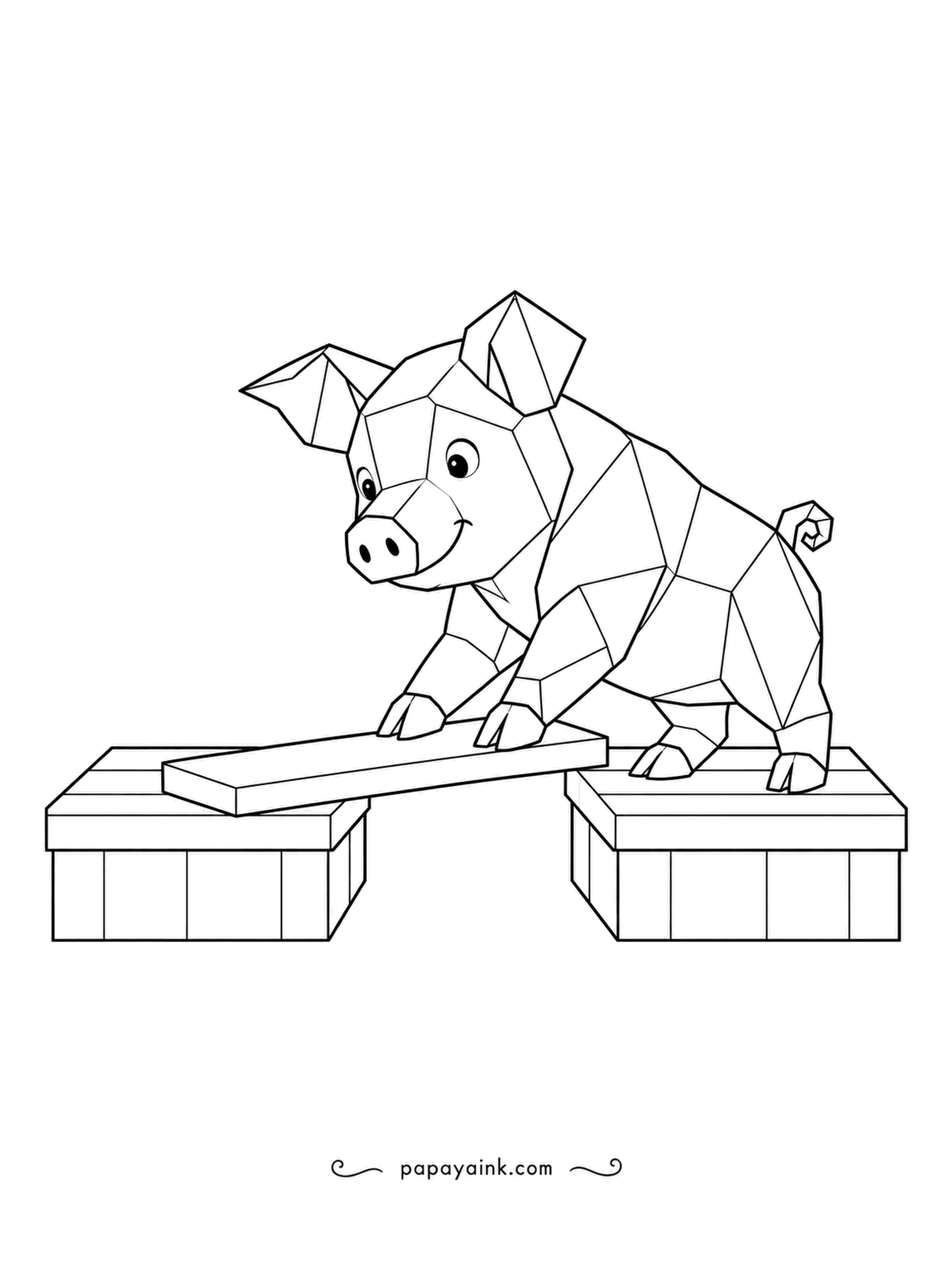 Pig Coloring Pages - A gap between crates and a single plank: the faceted pig lays a bridge across and tests it with both front hooves before trusting it. Shade every plane of the body a slightly different pink.