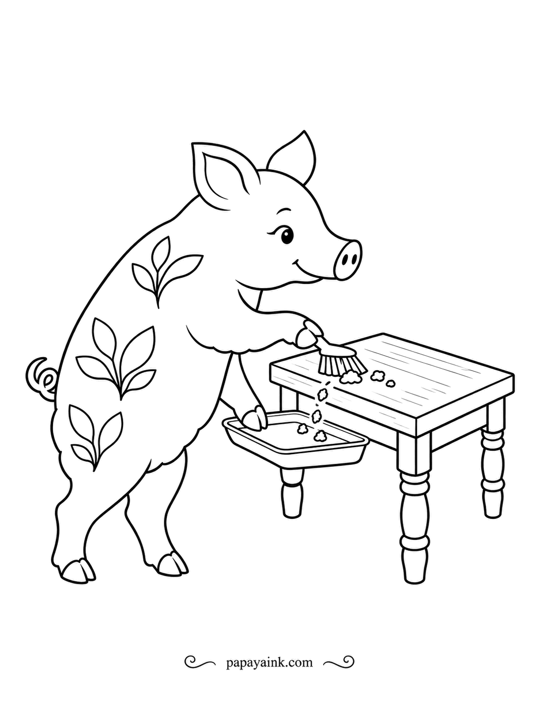 Pig Coloring Pages - After a snack comes the tidy-up: a little brush sweeps the crumbs off the table edge and straight into a waiting tray. Sprig motifs decorate the folk-art pig's side. Warm wood and soft pink.