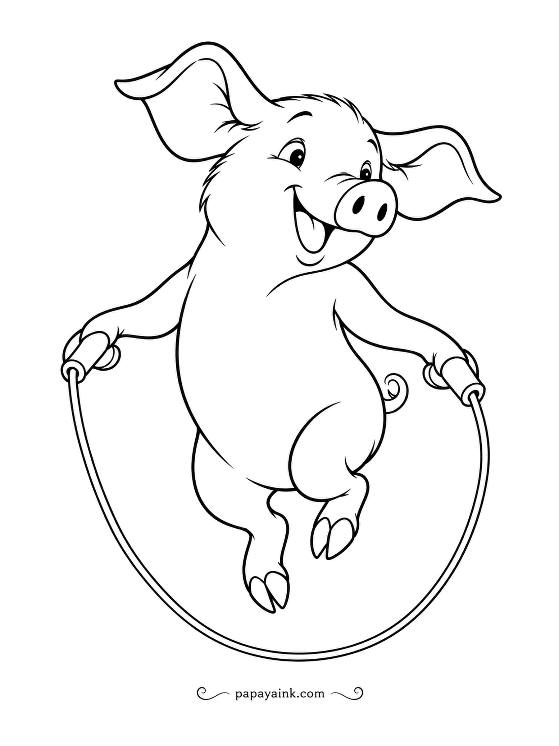 Pig Coloring Pages - Hooves tucked up, ears flapping, grin wide: skipping rope is this pig's favorite game, and the rope never gets a chance to catch it. Big open areas - perfect for markers.