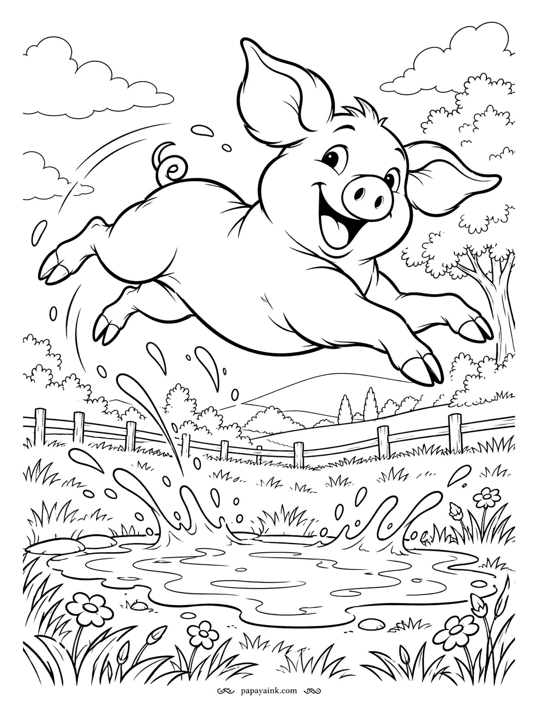Pig Coloring Pages - Full speed, ears flying, and the mud puddle dead ahead. The look on this pig's face says everything about what happens next. Splash the puddle in browns and keep the flying drops white.