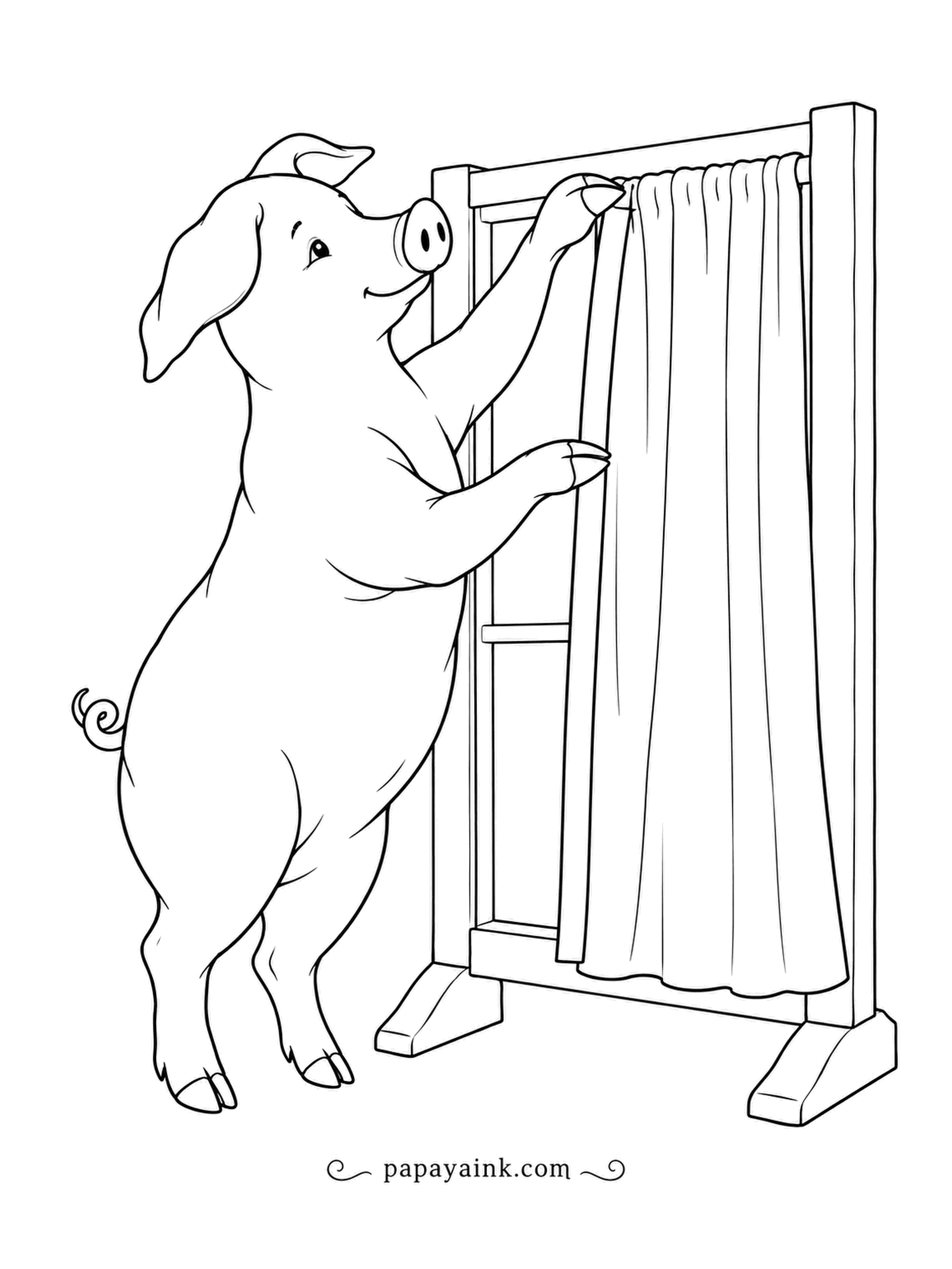 Pig Coloring Pages - Standing tall, the pig holds the new curtain against the frame to see whether it reaches the sill. Soft folds and clean contours - pick a cheerful fabric color.