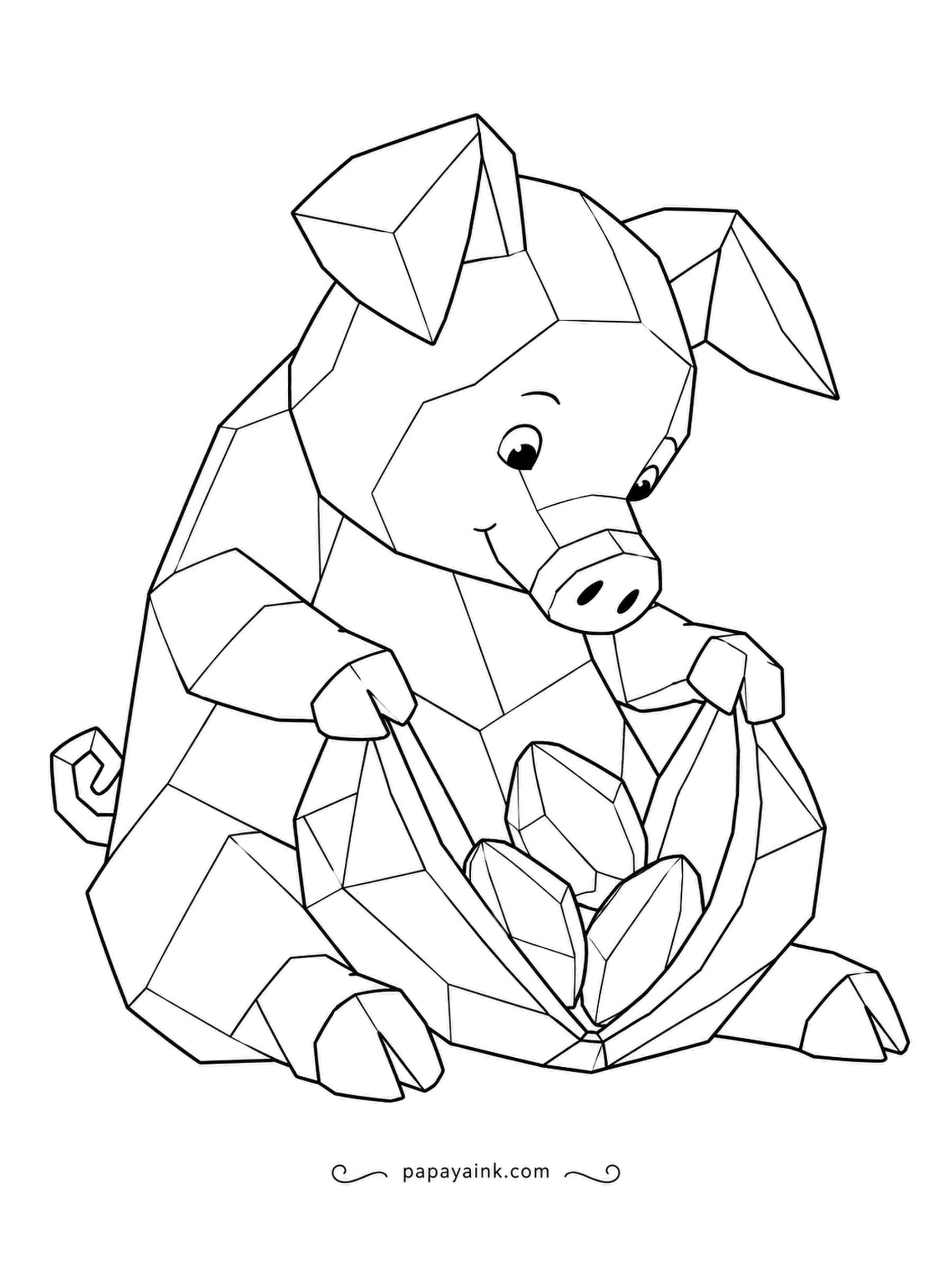 Pig Coloring Pages - A faceted seed pod split along its seam, and a faceted pig peeking at the angular seeds inside. Every plane can take its own shade of pink or green.