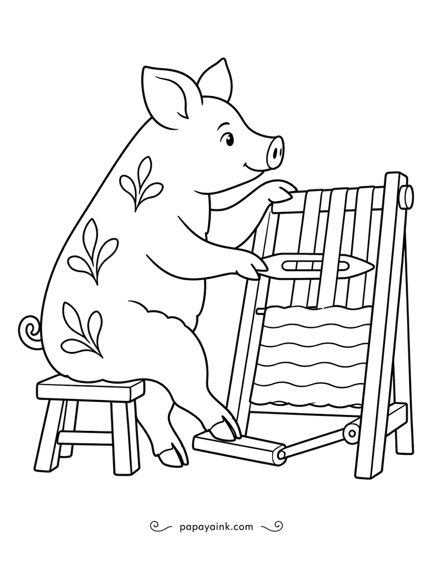 Pig Coloring Pages - One hoof on the treadle lifts the threads, the other passes the shuttle through: that is how a loom builds cloth row by row. The folk-art weaver has a wavy pattern underway. Leaf motifs on its side.