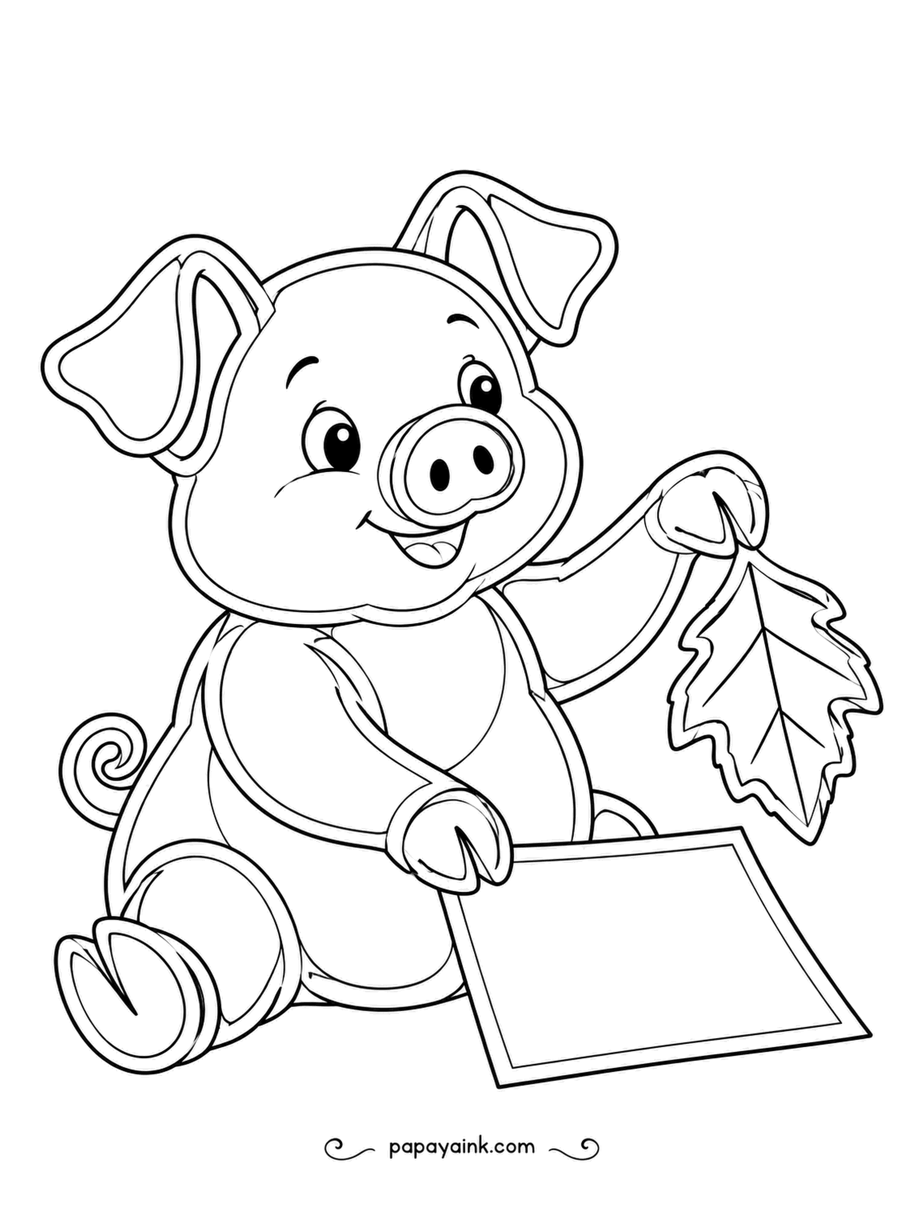 Pig Coloring Pages - Sticker time: a big paper leaf peels off its backing sheet, and the piglet is clearly delighted. Bold double outlines and a simple pose - easy for young hands.