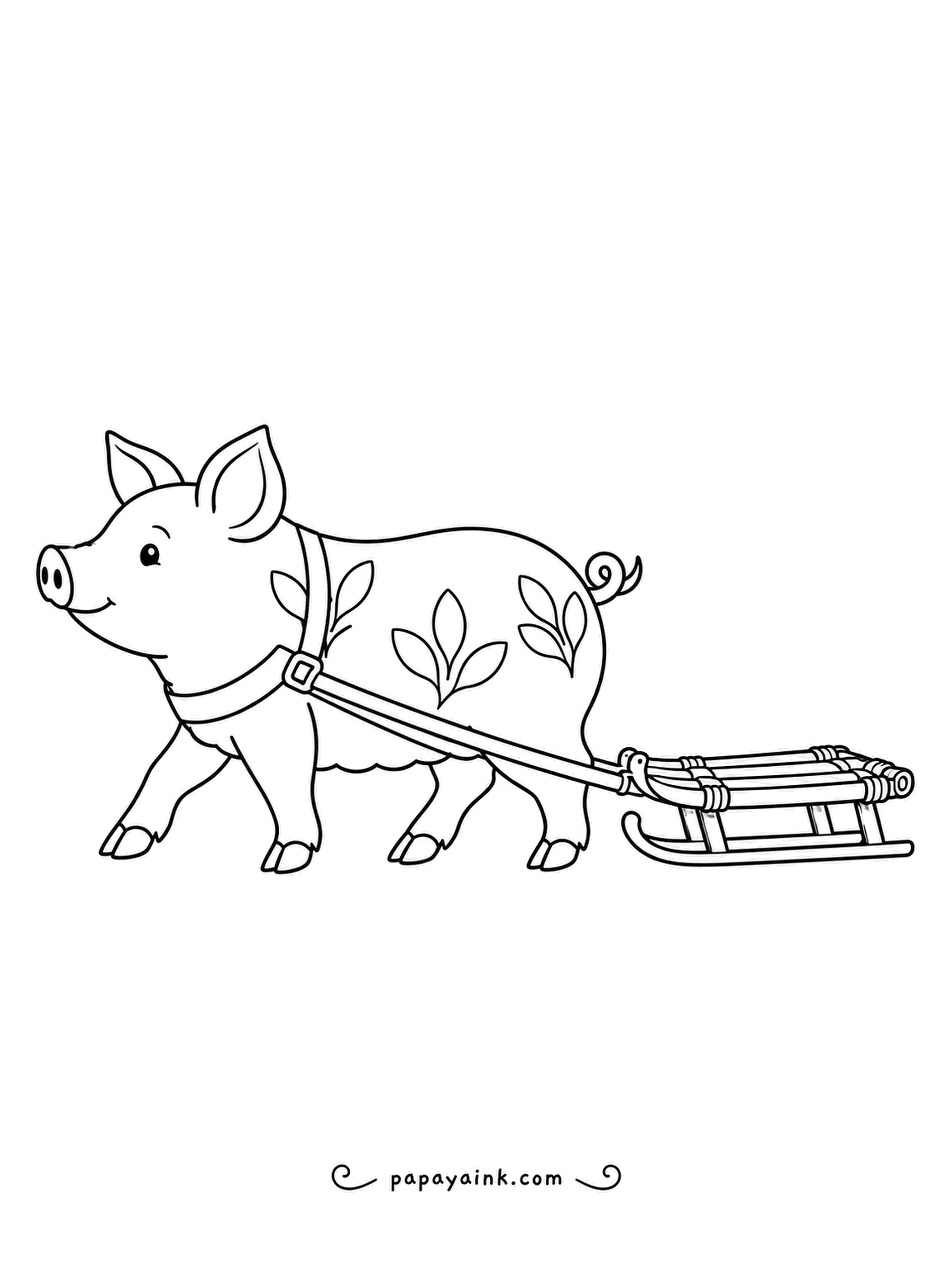 Pig Coloring Pages - Harness on, sled behind: the folk-art pig trots off pulling a little reed sled across the snow. Sprigs painted along its side. Light and airy on the page.