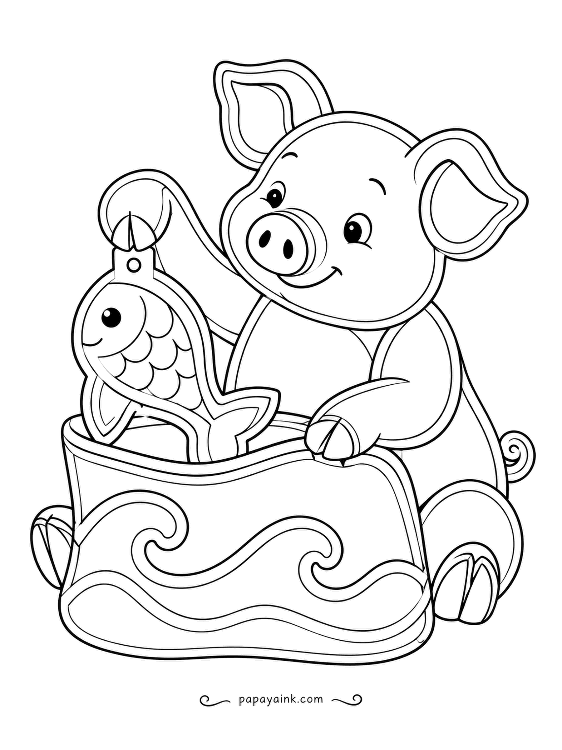 Pig Coloring Pages - Surprise in the pocket: a paper fish comes out, scales and all, and the pig is delighted. Double contours and wavy pocket patterns - blues and oranges.