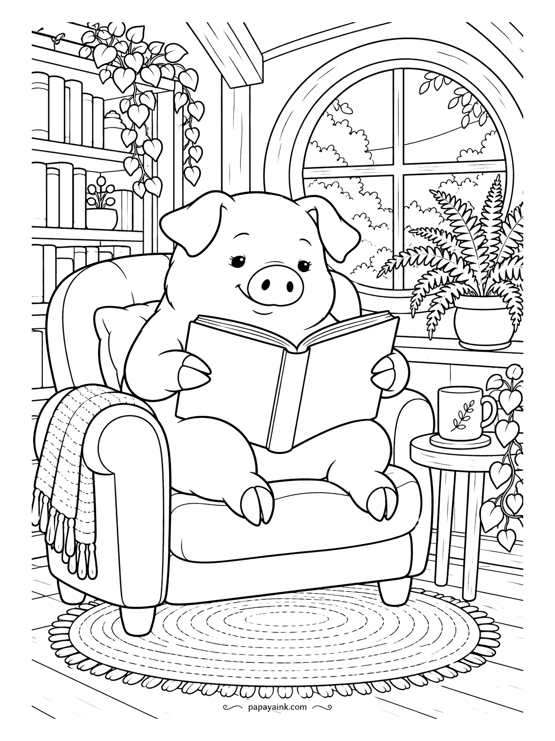 Pig Coloring Pages - Rain outside, book inside. The pig has claimed the armchair with a thick novel, a mug on the side table and a pothos trailing down the bookshelf. Cozy colors: a plaid blanket, a warm lamp-lit room.