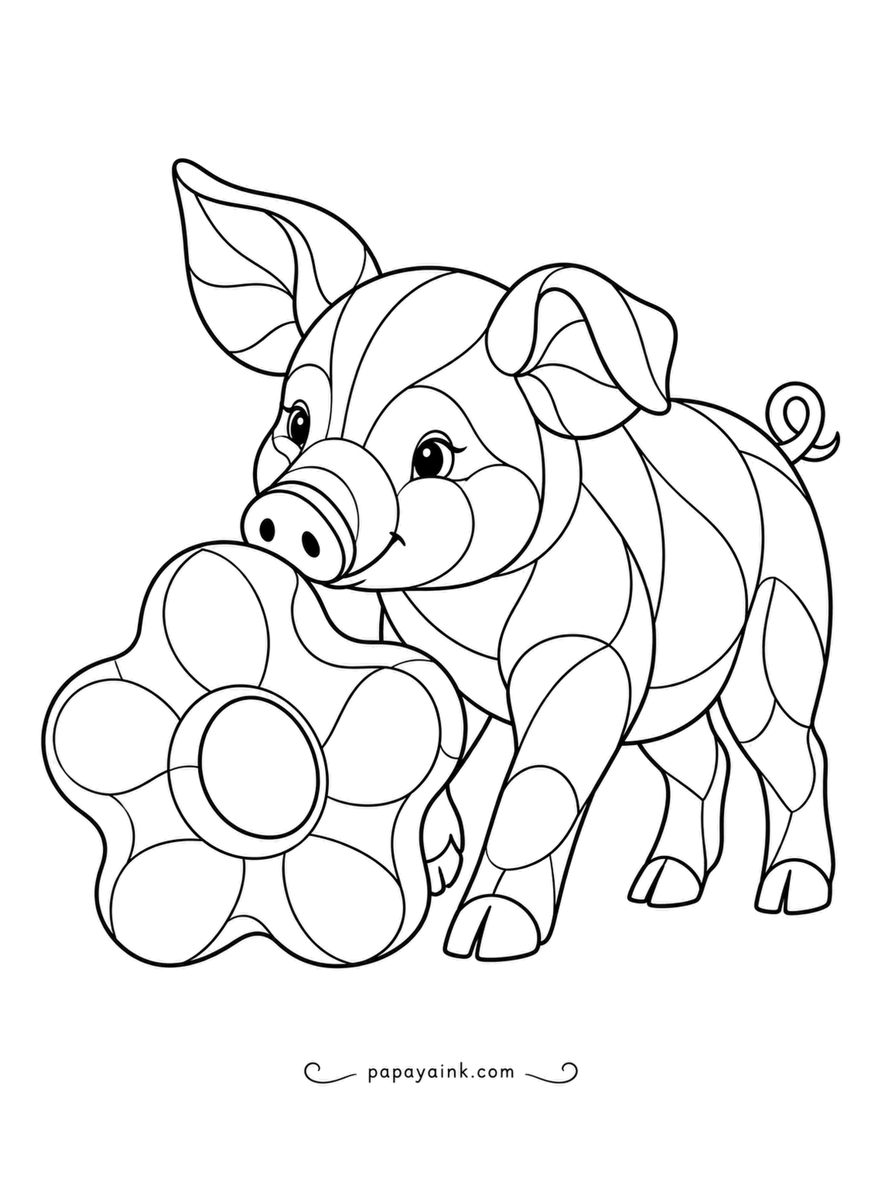Pig Coloring Pages - A giant flower-shaped wheel rolls along the path, nudged forward by a snout belonging to a very determined pig in patchwork panels. Each petal section can take a different shade.