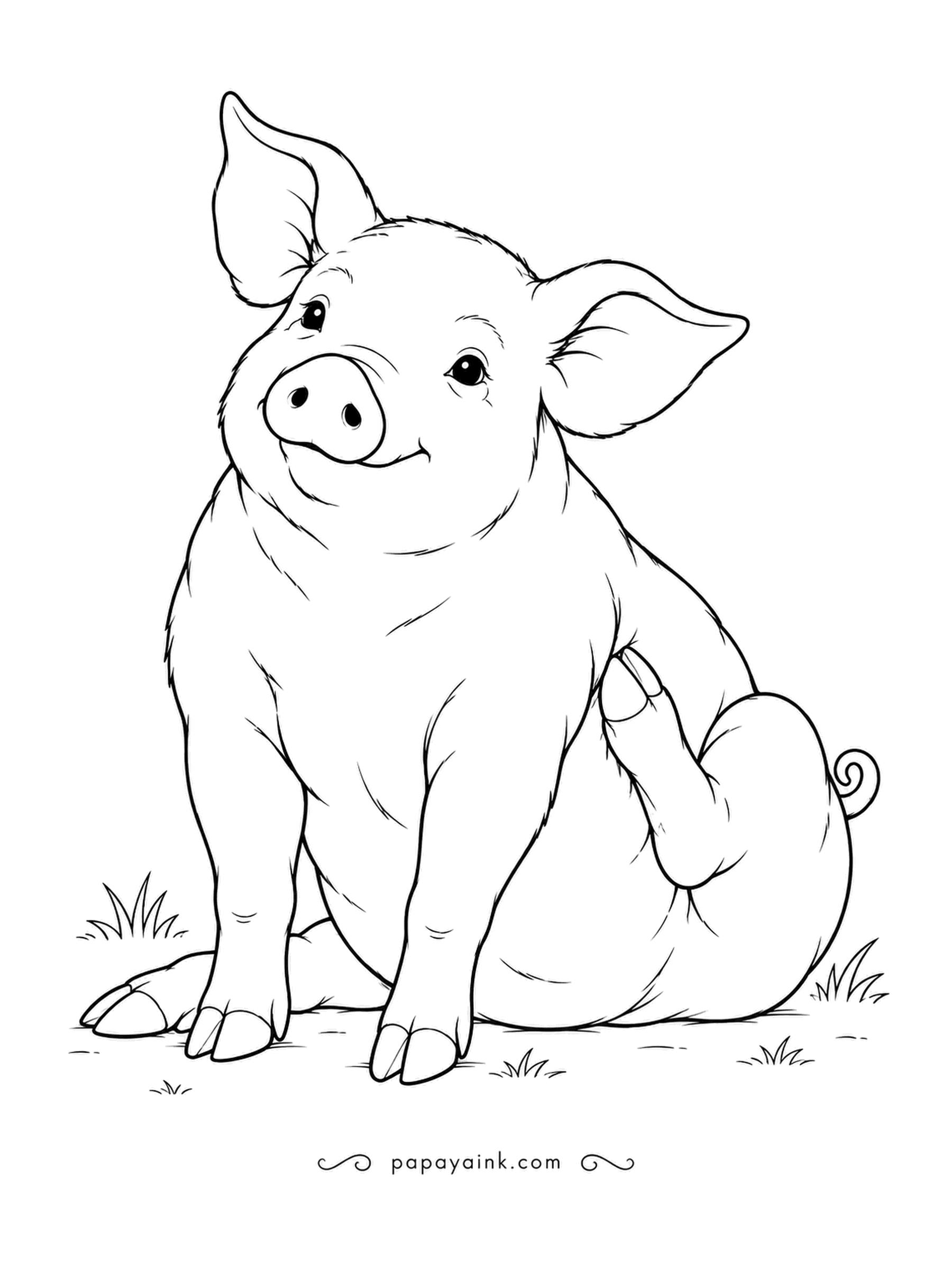Pig Coloring Pages - Sometimes an itch needs a back hoof. Sitting in the grass, this one reaches its flank with real flexibility. Realistic fur texture and a friendly face.