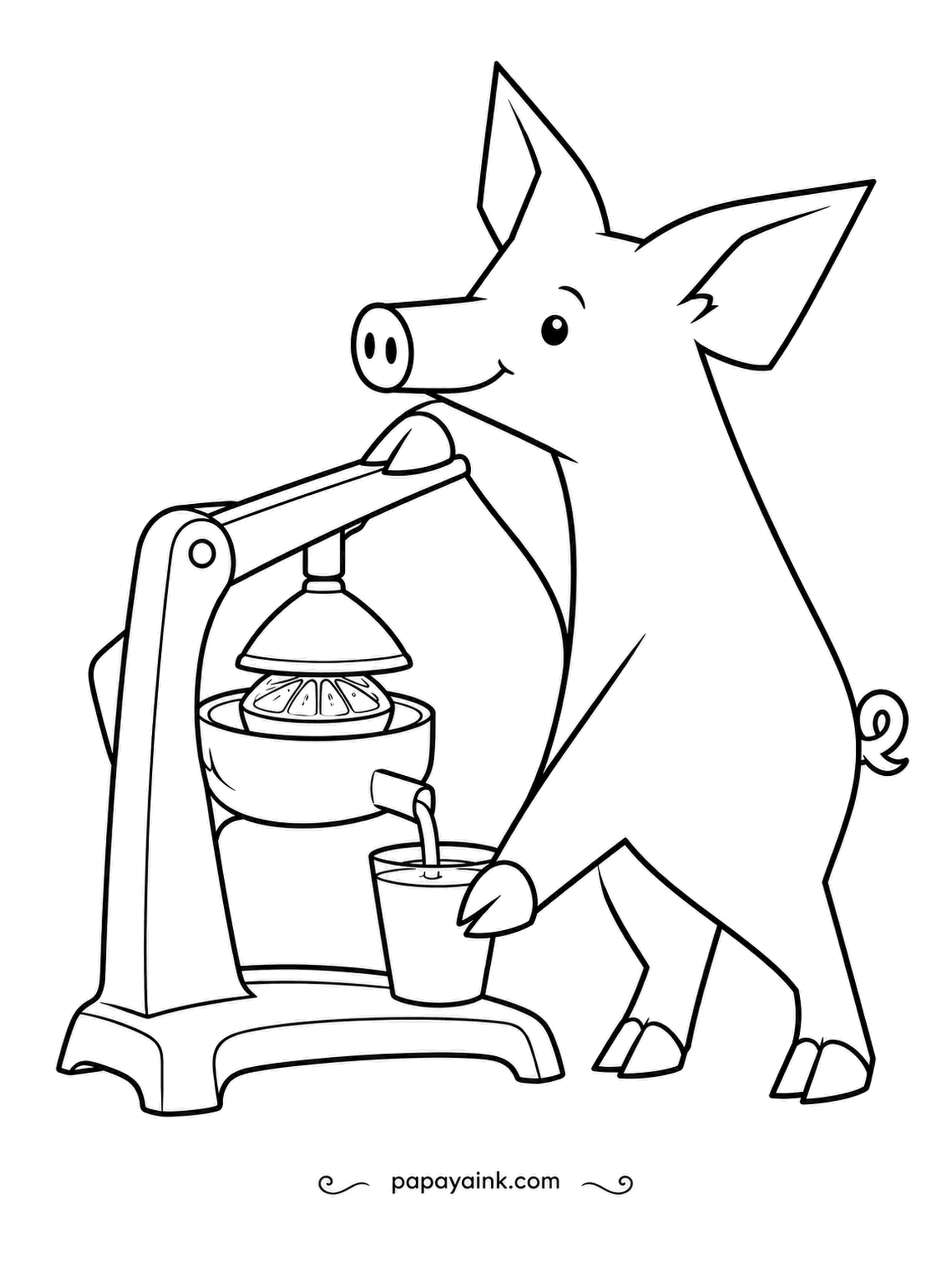 Pig Coloring Pages - Lever down, half orange pressed, and fresh juice runs straight into the glass. The pig steadies the cup with its other front foot. Sunny orange and a clean graphic style.
