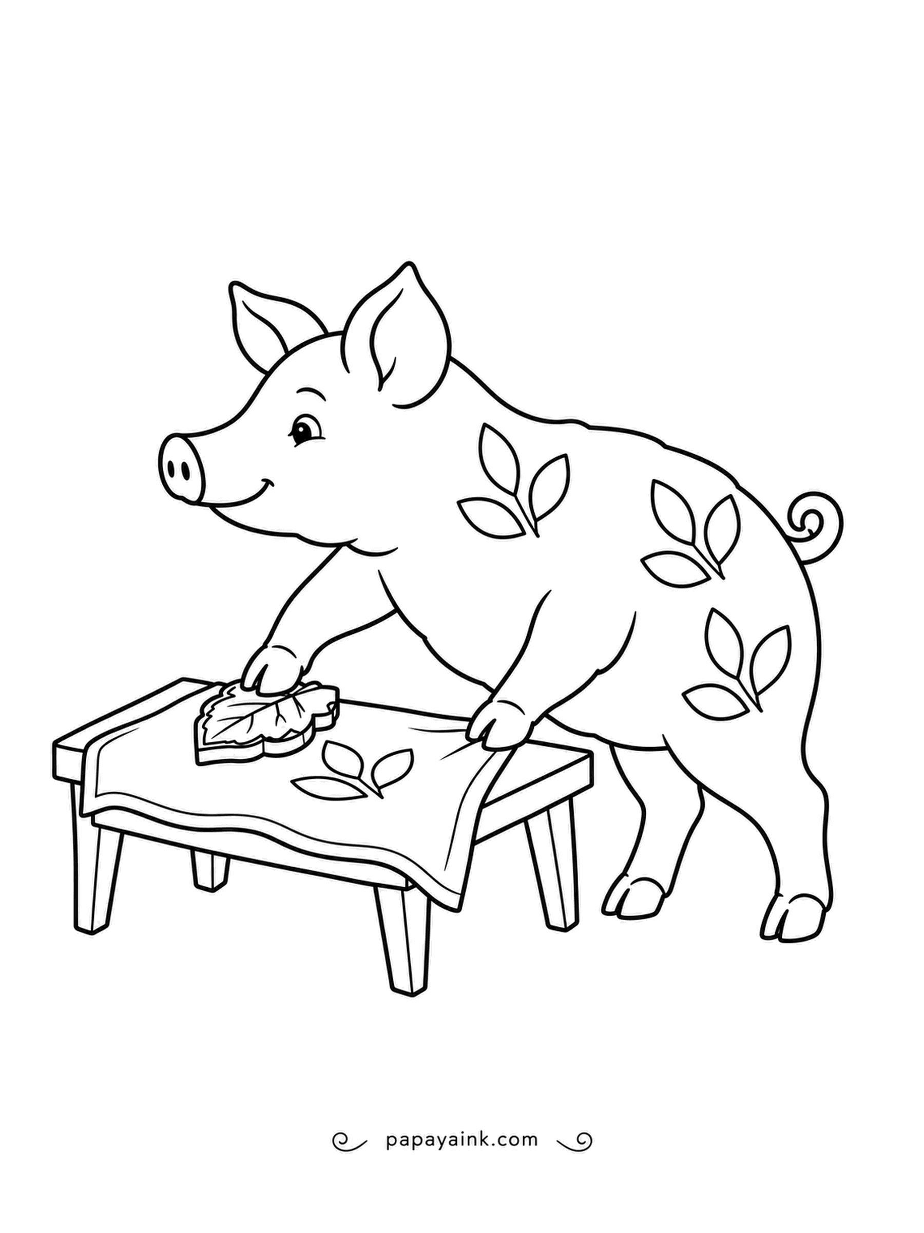 Pig Coloring Pages - Ink the leaf, press it down, lift it up: a fresh print appears on the cloth. The folk-art pig already has leaf patterns of its own. Greens on cream fabric.