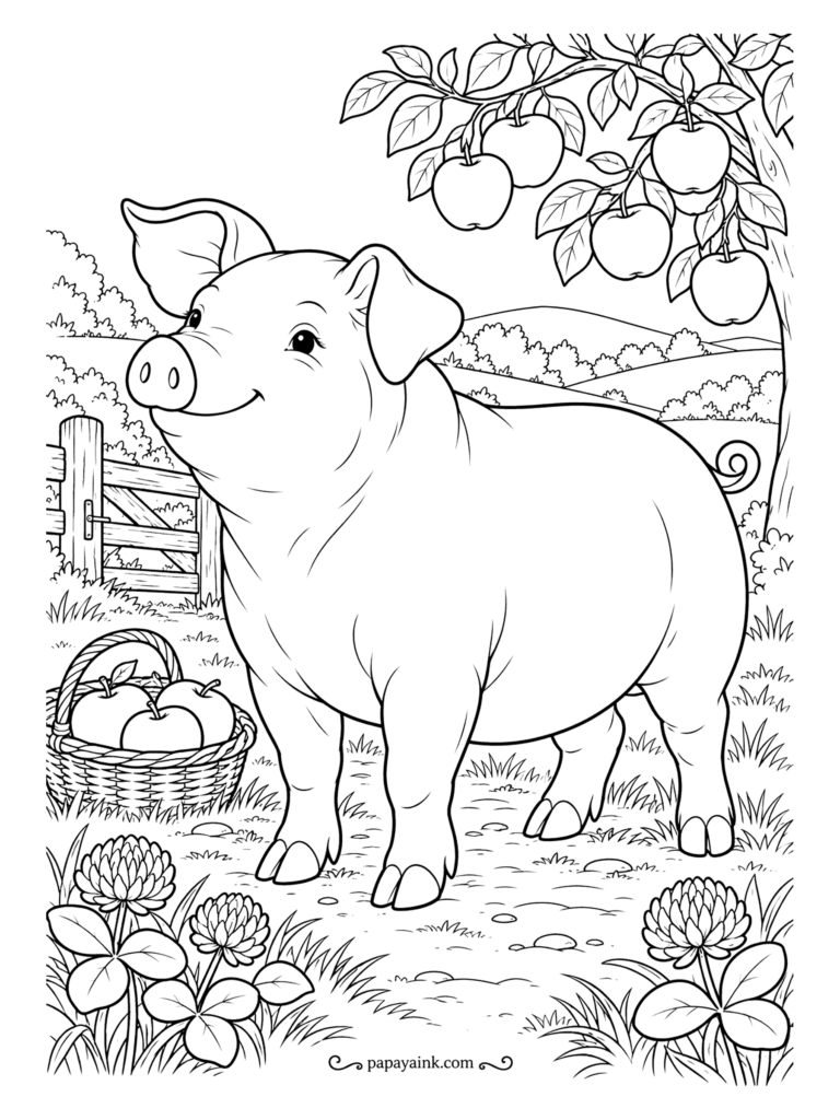 Pig Coloring Pages - Windfall season under the apple tree, and the basket is already half full. A plump farm pig with a curly tail waits by the gate for whatever drops next, clover at her feet. Big smooth shapes - a relaxed page to start with.