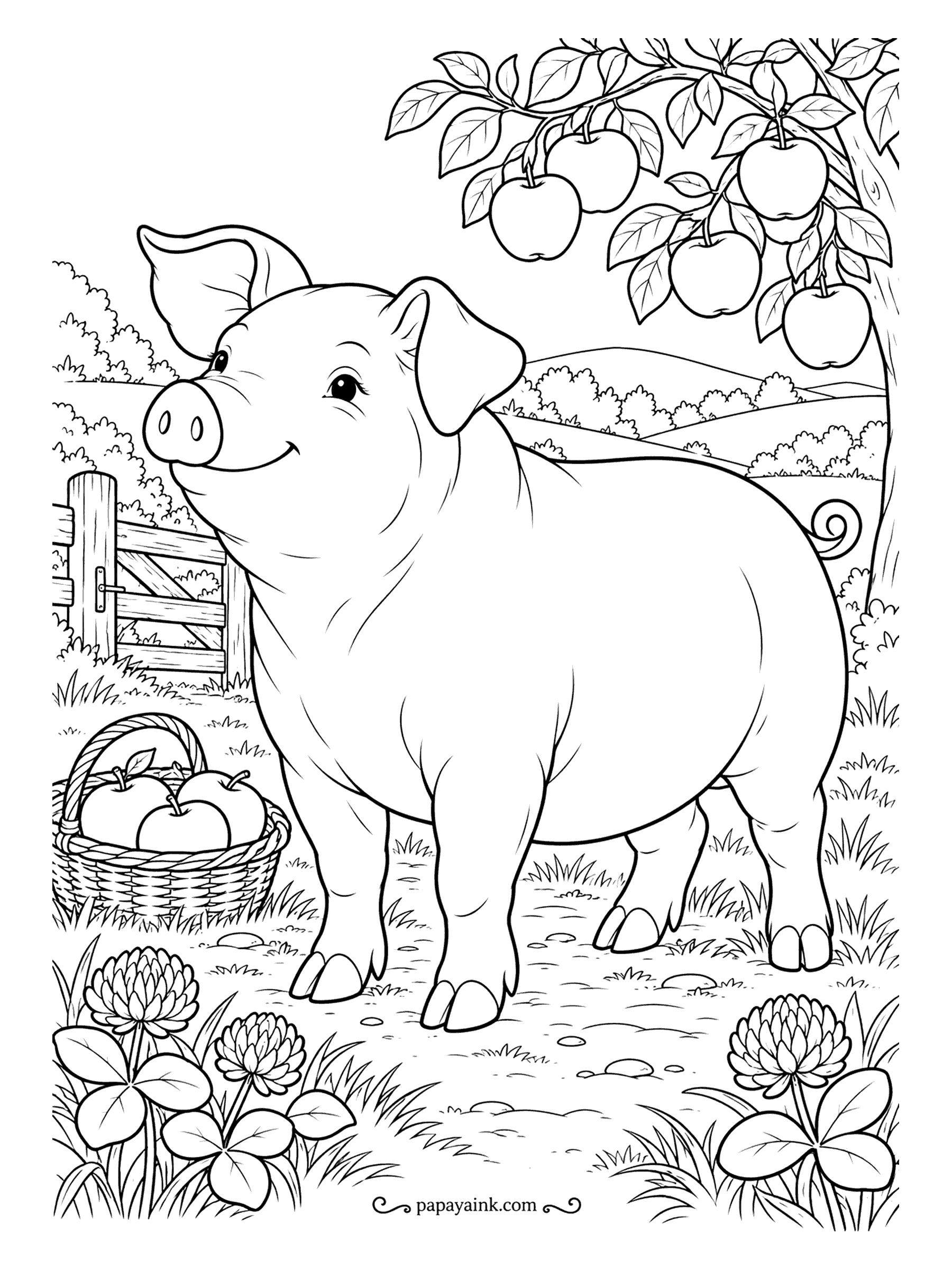Pig Coloring Pages - Windfall season under the apple tree, and the basket is already half full. A plump farm pig with a curly tail waits by the gate for whatever drops next, clover at her feet. Big smooth shapes - a relaxed page to start with.