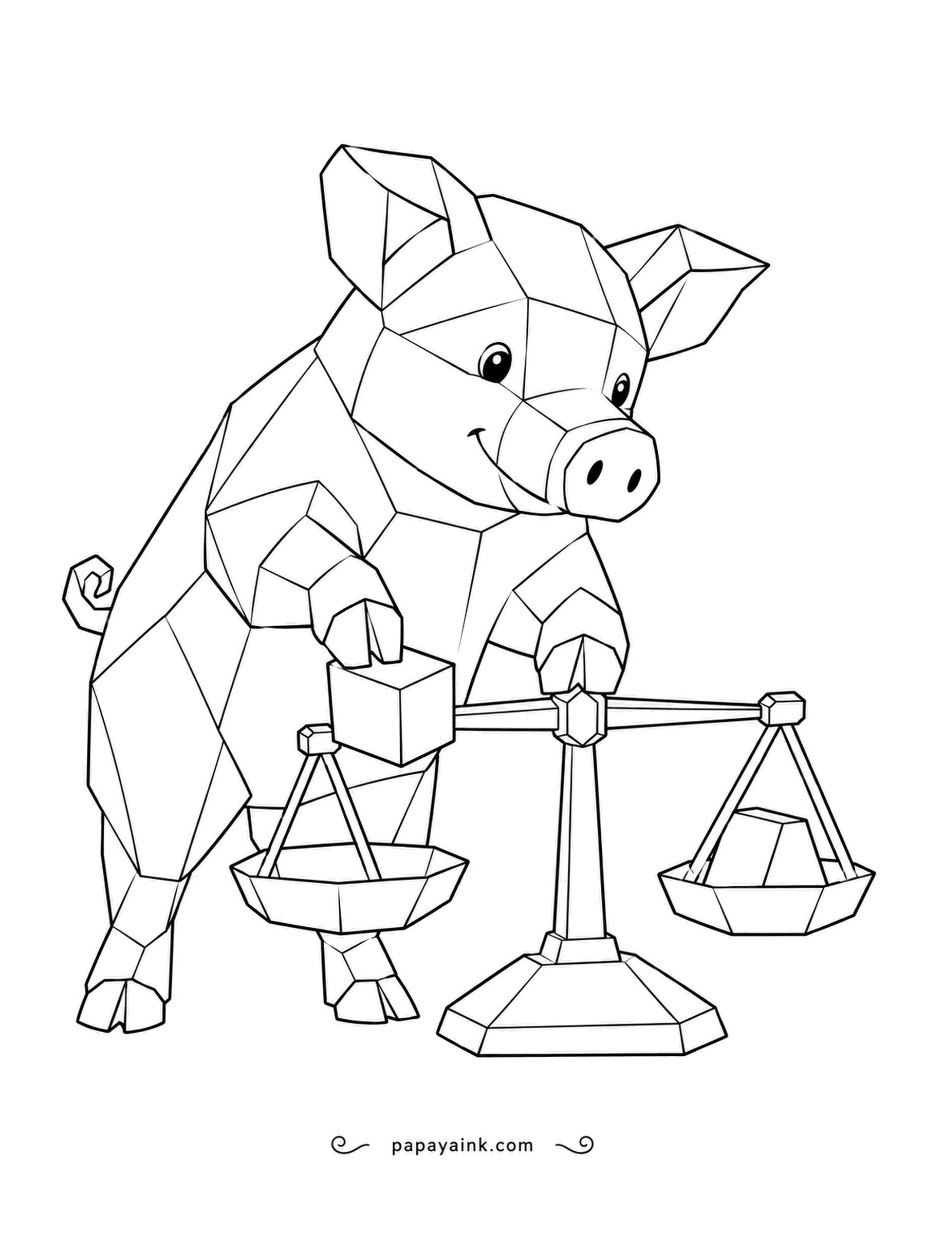 Pig Coloring Pages - A cube on one pan, a wedge on the other: the faceted pig is checking which is heavier. A balance scale settles it without any numbers. Shade the facets in different tones.