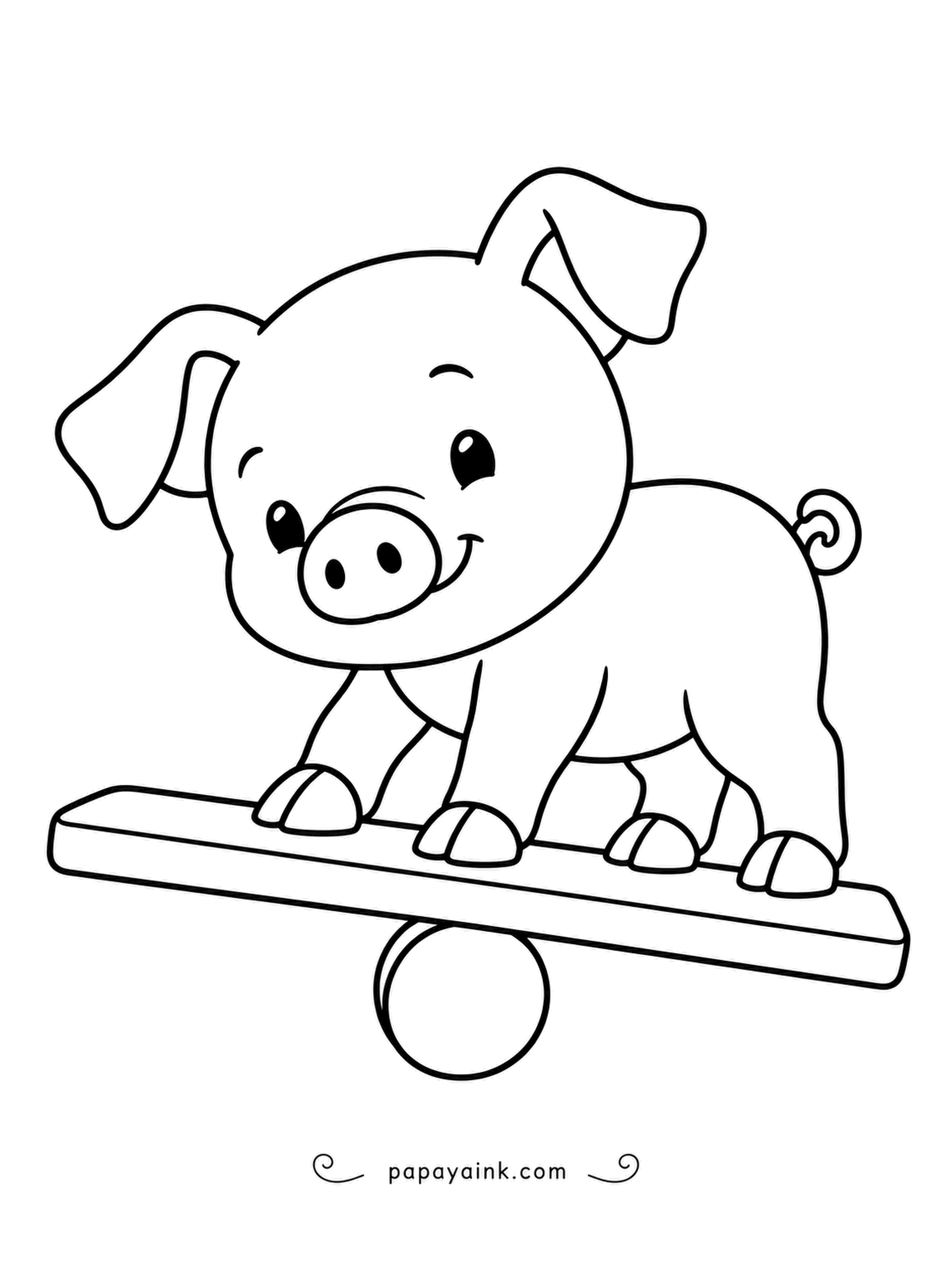 Pig Coloring Pages - A board on a roller and a piglet finding its balance, feet planted wide and the tail curled tight in concentration. Very simple contours - ideal for young children.