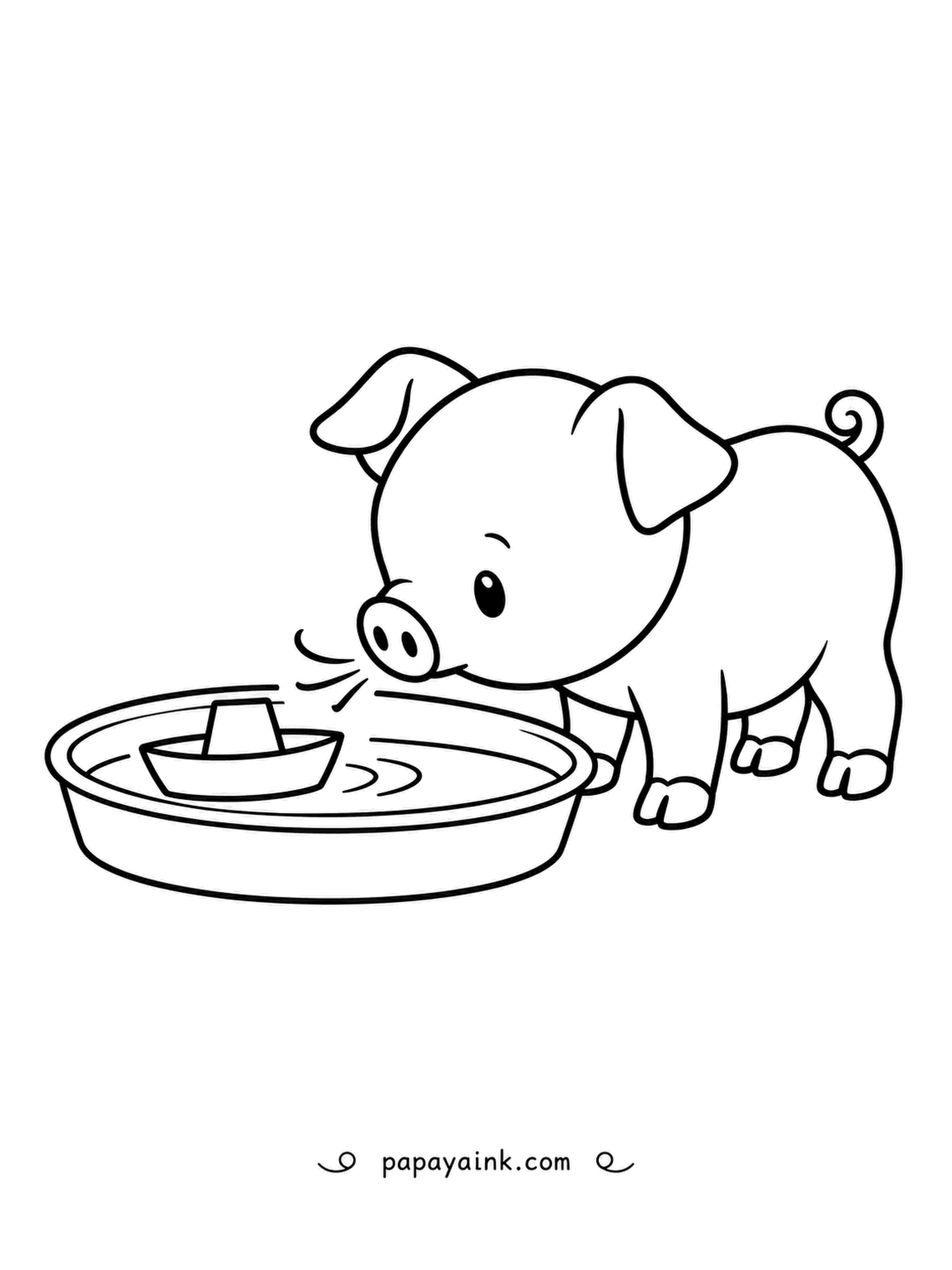 Pig Coloring Pages - No wind needed: the piglet blows over the water and the little paper boat sails off across the basin. Bare-bones drawing and plenty of white.