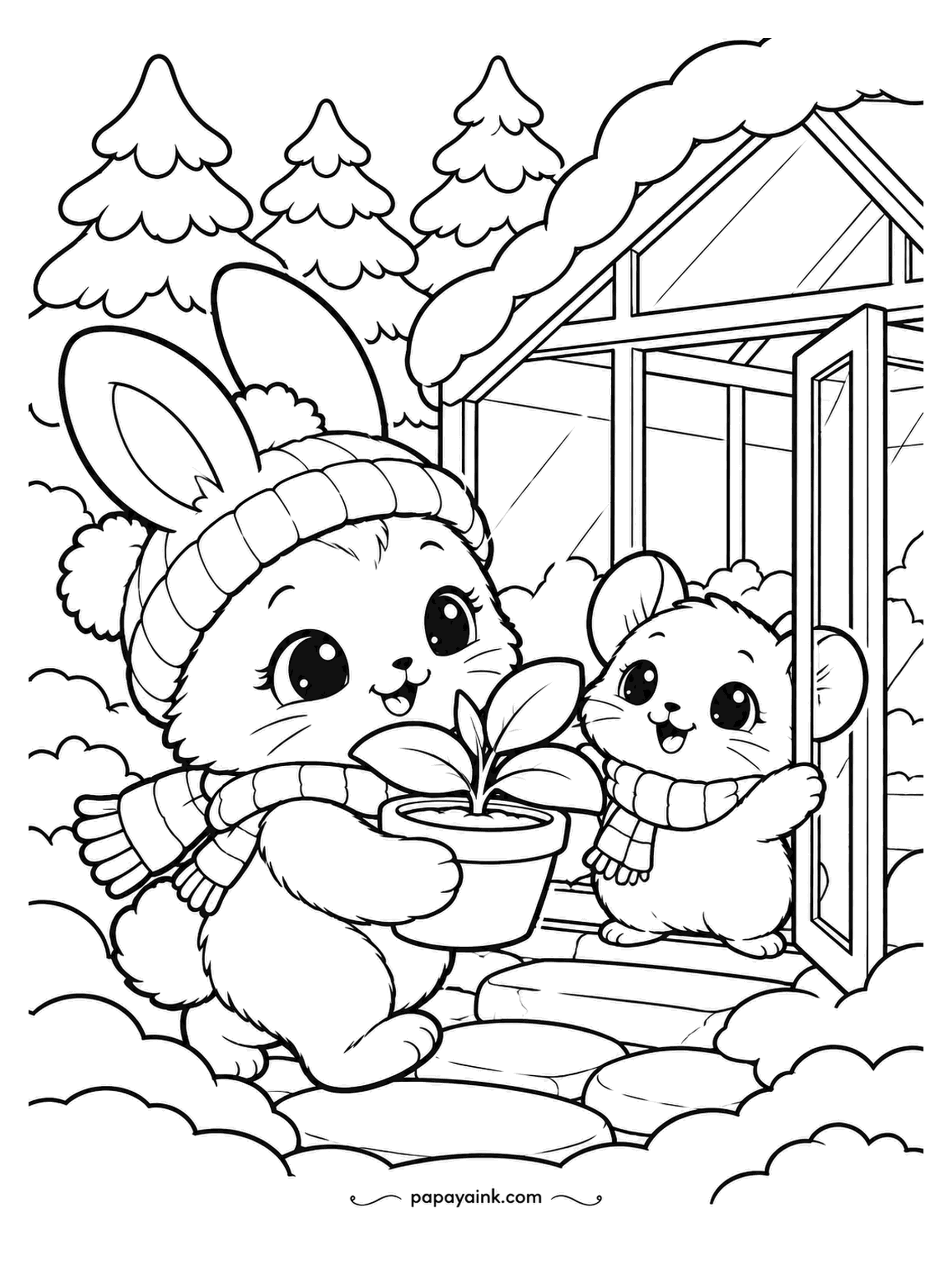 Kawaii Winter Coloring Pages - The greenhouse door is held open by a pika, and the bunny carries in a pot with one sprout. It is the only green thing for miles and both of them know it. Keep the glass panes empty; darken the stepping stones.