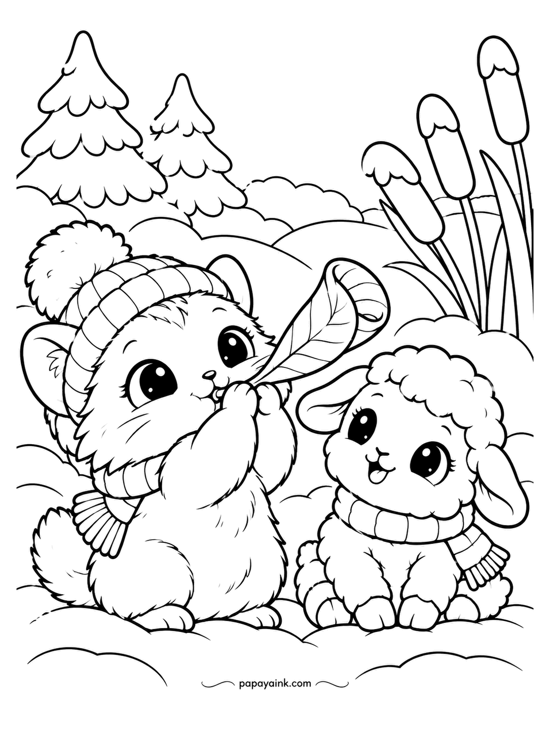Kawaii Winter Coloring Pages - A rolled leaf, blown hard enough, is a trumpet. The pika plays, the lamb listens with real respect, and the cattails on the pond edge stand at attention. Brown leaf, cream lamb, and the sound is up to you.