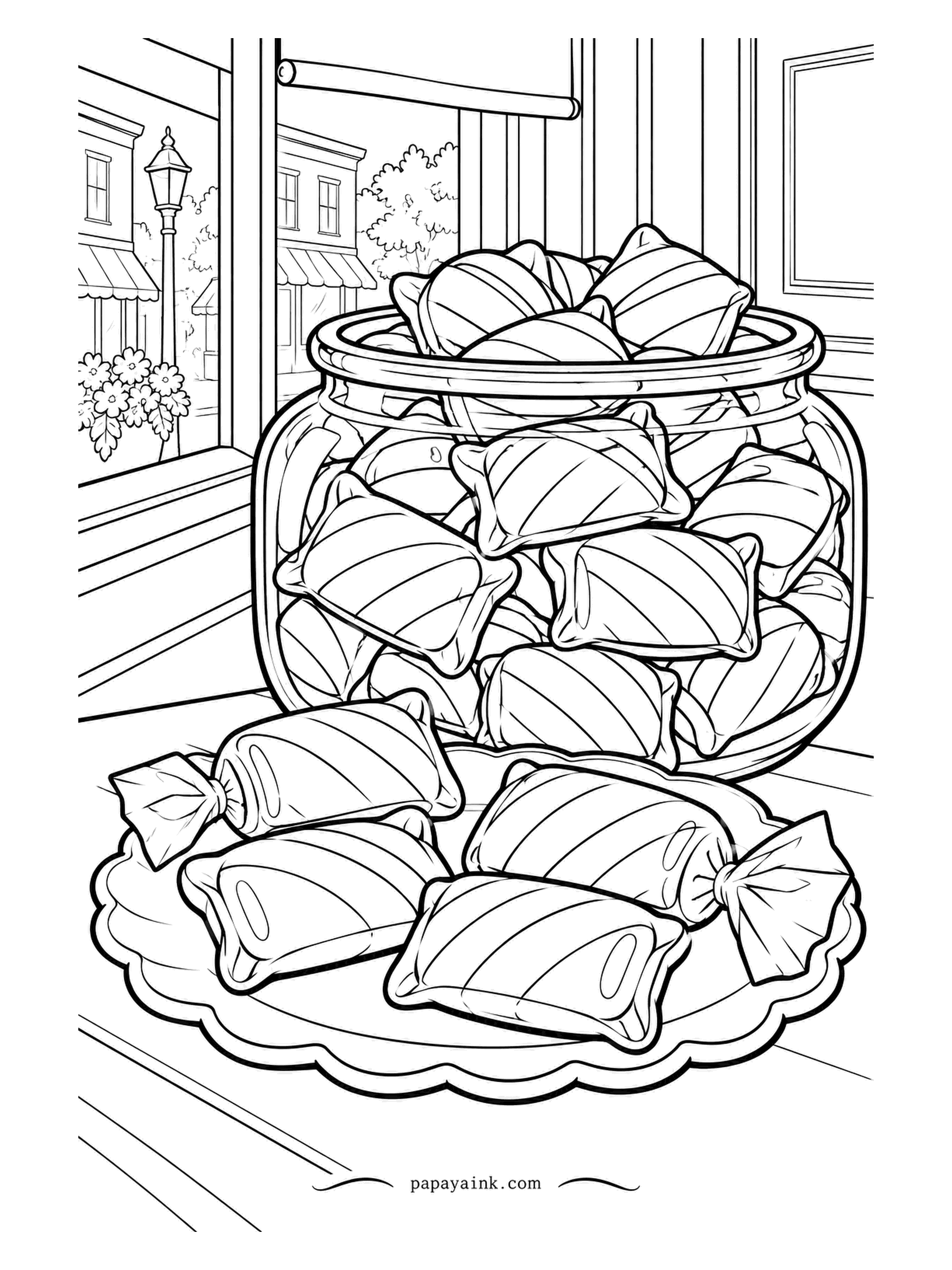 Candy Coloring Pages - Striped pillow candies pile up in a tall apothecary jar at the shop window, and the street outside has a lamp post and awnings. A plate in front holds the wrapped version. Two-color stripes on all the pillows, each one different.