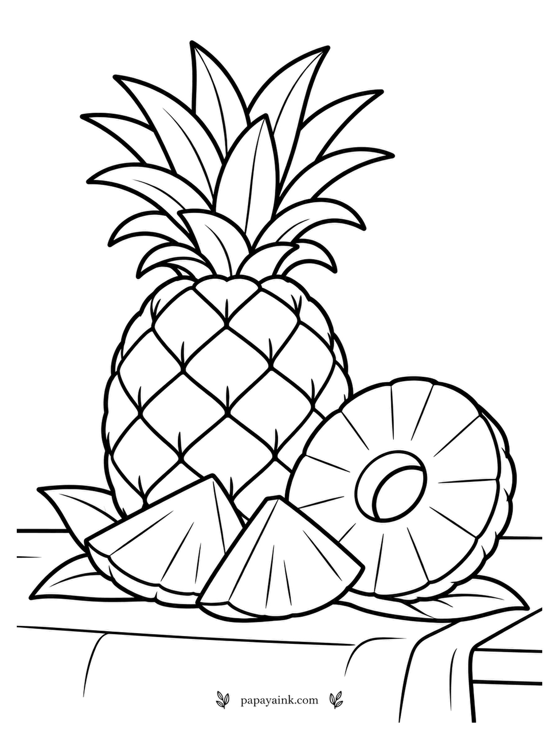 Fruit Coloring Pages - A pineapple is dozens of small berries fused into one, which is why the skin is a grid of diamonds. Whole fruit with its crown, two wedges and a ring on a leaf over linen. Gold rind, pale yellow flesh. Detailed.