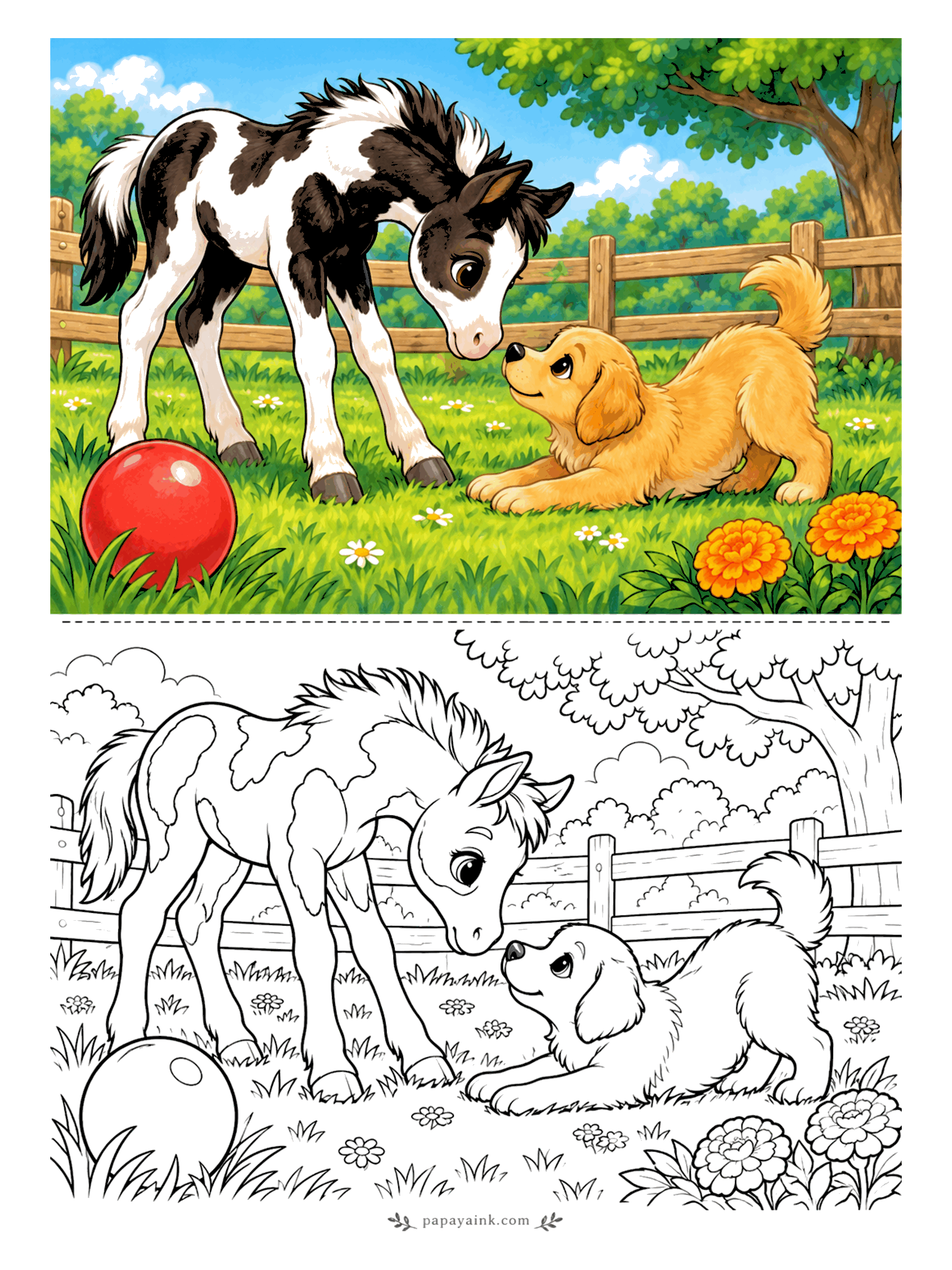 Cute Horse Coloring Pages - Play bow meets curious nose. A black-and-white pinto foal bends down to a golden puppy stretched out in the grass, with a red ball waiting by the fence. The marigolds in the corner want orange.