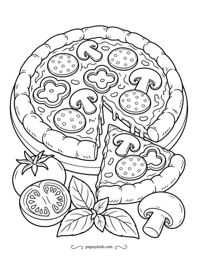 Pizza Coloring Pages - One slice pulled free and the cheese stretching after it, refusing to let go. A tomato, a sprig of basil and a mushroom sit beside the pie like ingredients that got left out. Big topping shapes and a thick crust ring - a relaxed start.