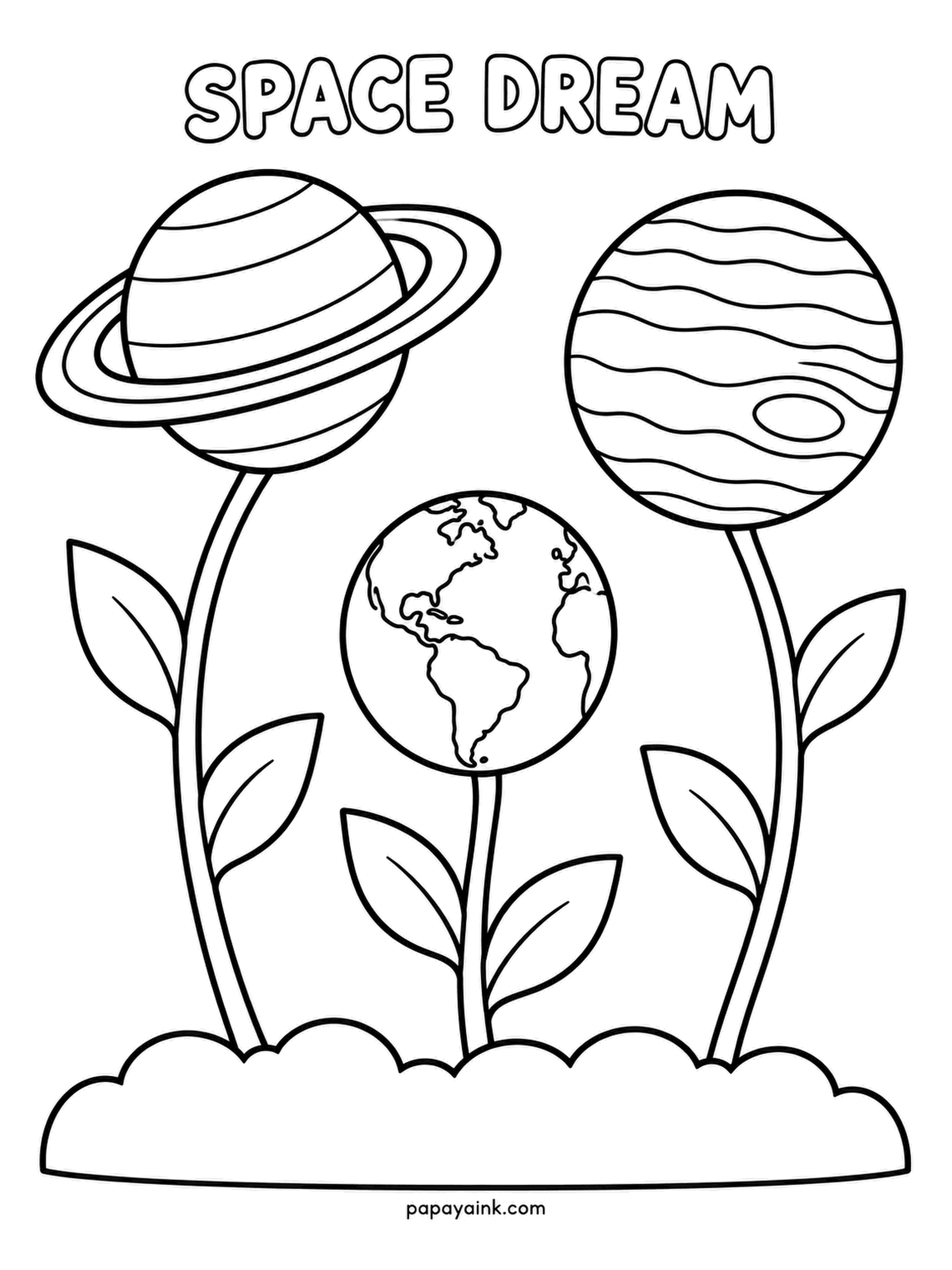 Planet Coloring Pages - Blooming in a flowerpot, a space dream: Saturn, Earth and Jupiter growing on stalks like oversized blooms, leaves and all. Green stems, a terracotta pot, and each planet in its real colors - the sillier the garden, the better it looks.