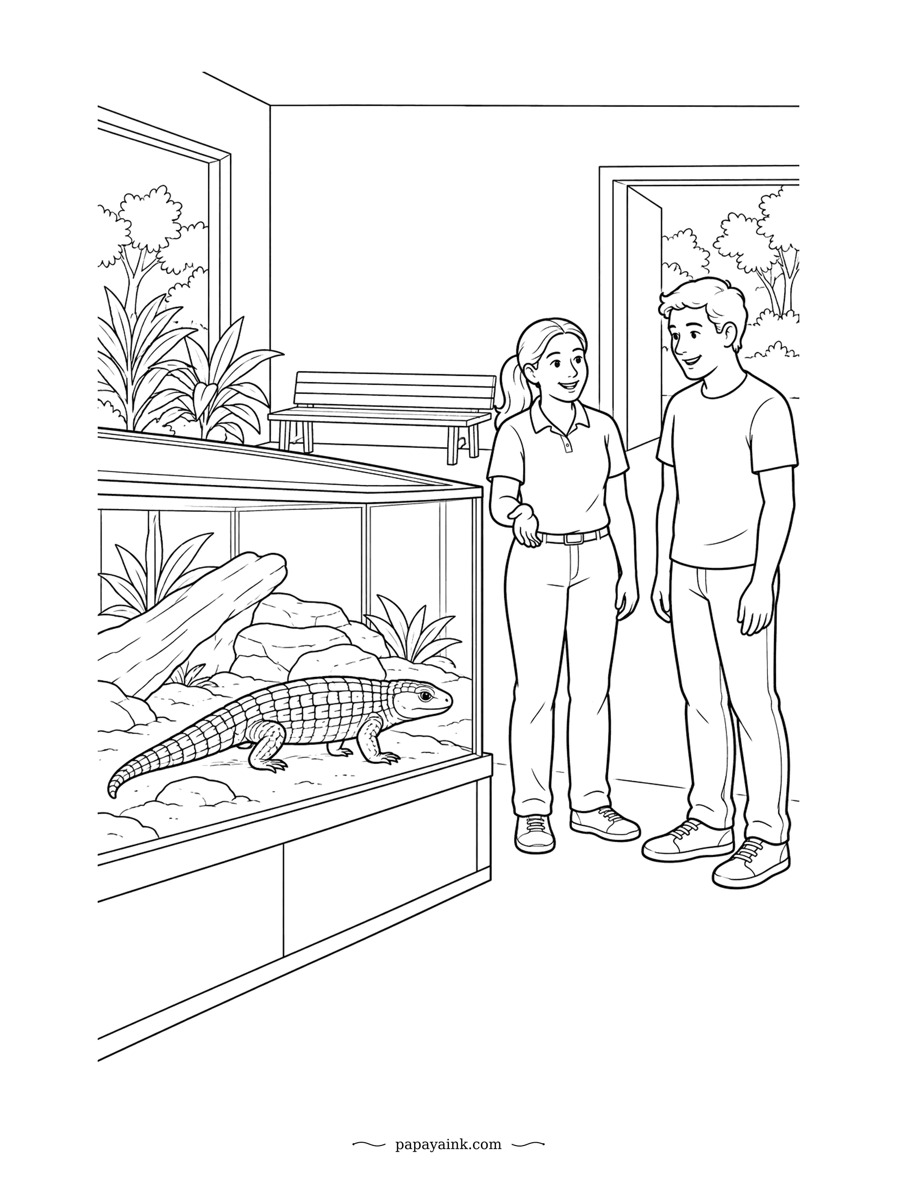 Lizard Coloring Pages - At the reptile house, a keeper points out the plated lizard behind the glass to a visitor. Its armor of rectangular scales looks almost like tiles. Plain walls, a bench and a doorway to the garden.