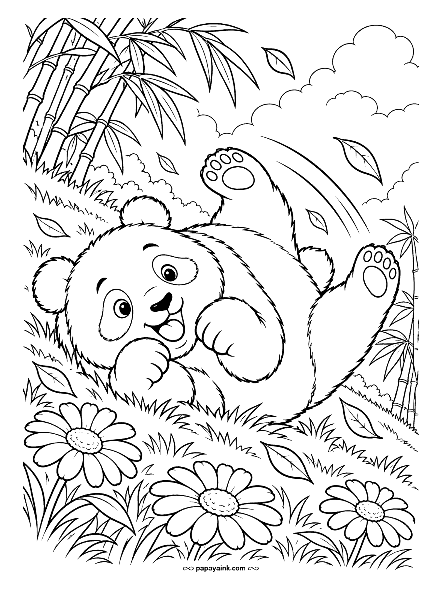 Panda Coloring Pages - Flat on its back in the daisies, paws in the air, the cub lets the bamboo leaves tumble down on top of it. Keep the panda simple and spend the color on the meadow.