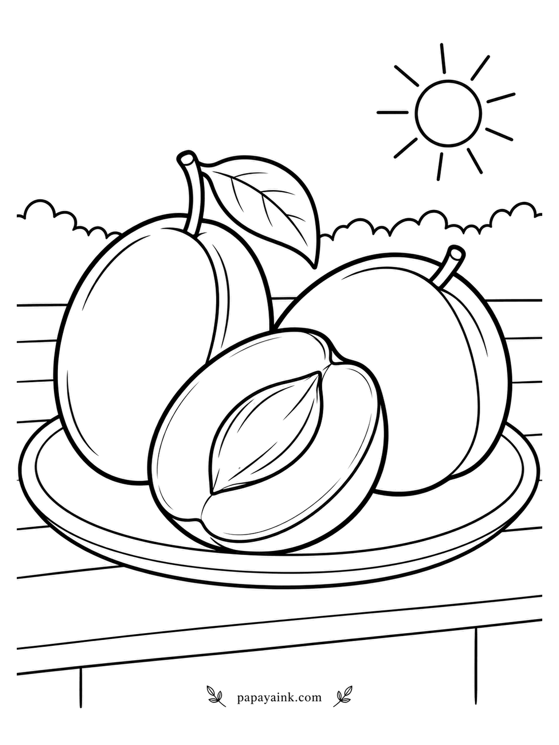 Fruit Coloring Pages - Sunny patio plate, hedge at the back, two plums and a half with the stone exposed. Yellow, red, purple and nearly blue are all real plum colors - a mixed plate is fair game. Stone goes tan with darker pits in it.