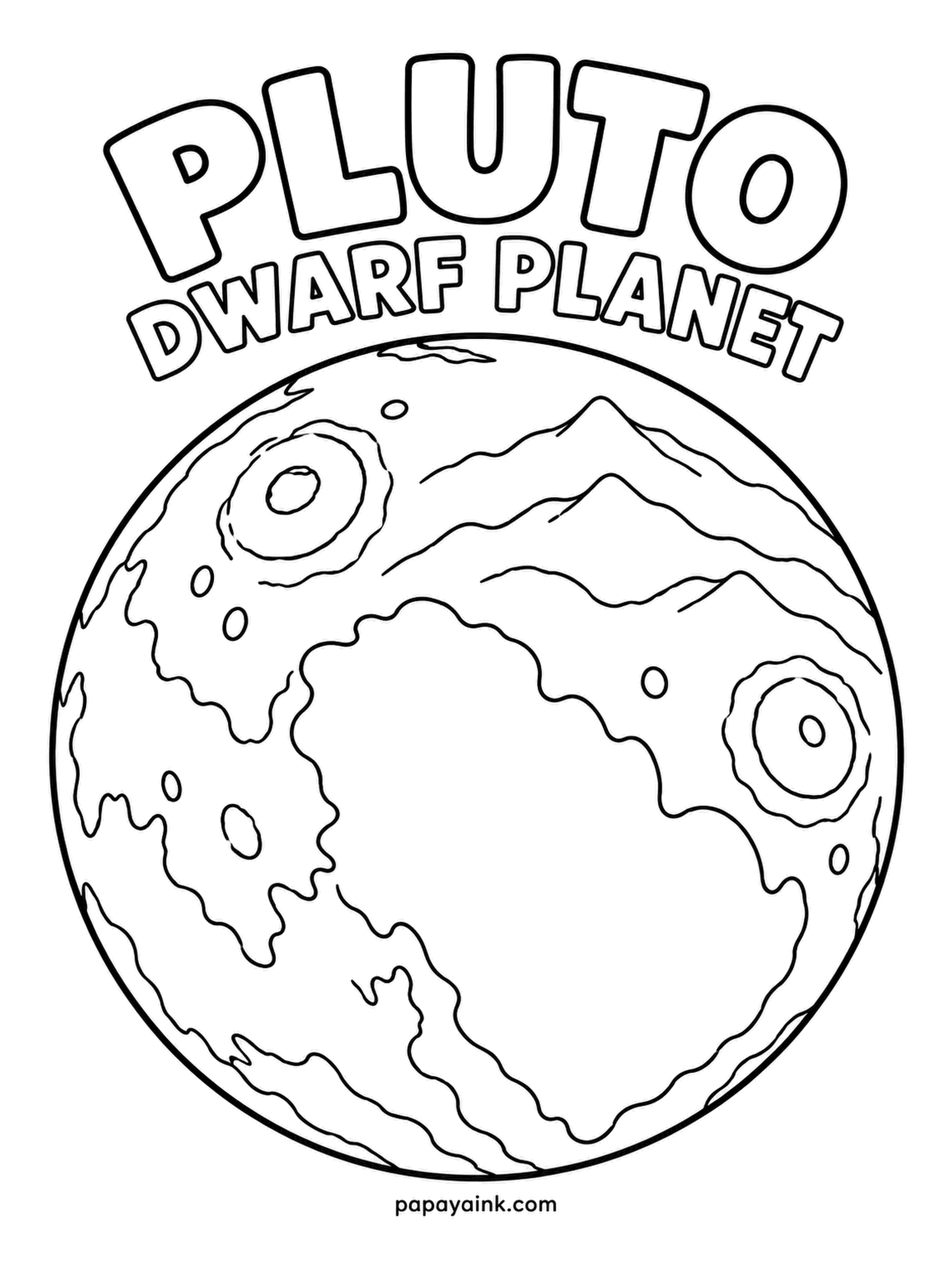 Planet Coloring Pages - Pluto, the dwarf planet, keeps its famous heart-shaped plain right in the center of this sheet, framed by cratered highlands. Pale pink for the heart, tan and reddish brown around it - that really is how Pluto looks.