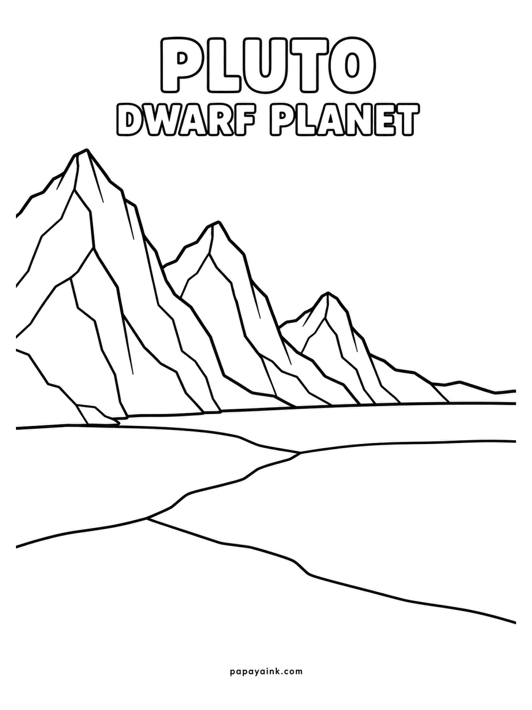 Planet Coloring Pages - Pluto's ice mountains rise beside a smooth frozen plain, a landscape of water ice as hard as rock. Rose and cream are the true Pluto colors, with ice-blue shadows on the peaks.