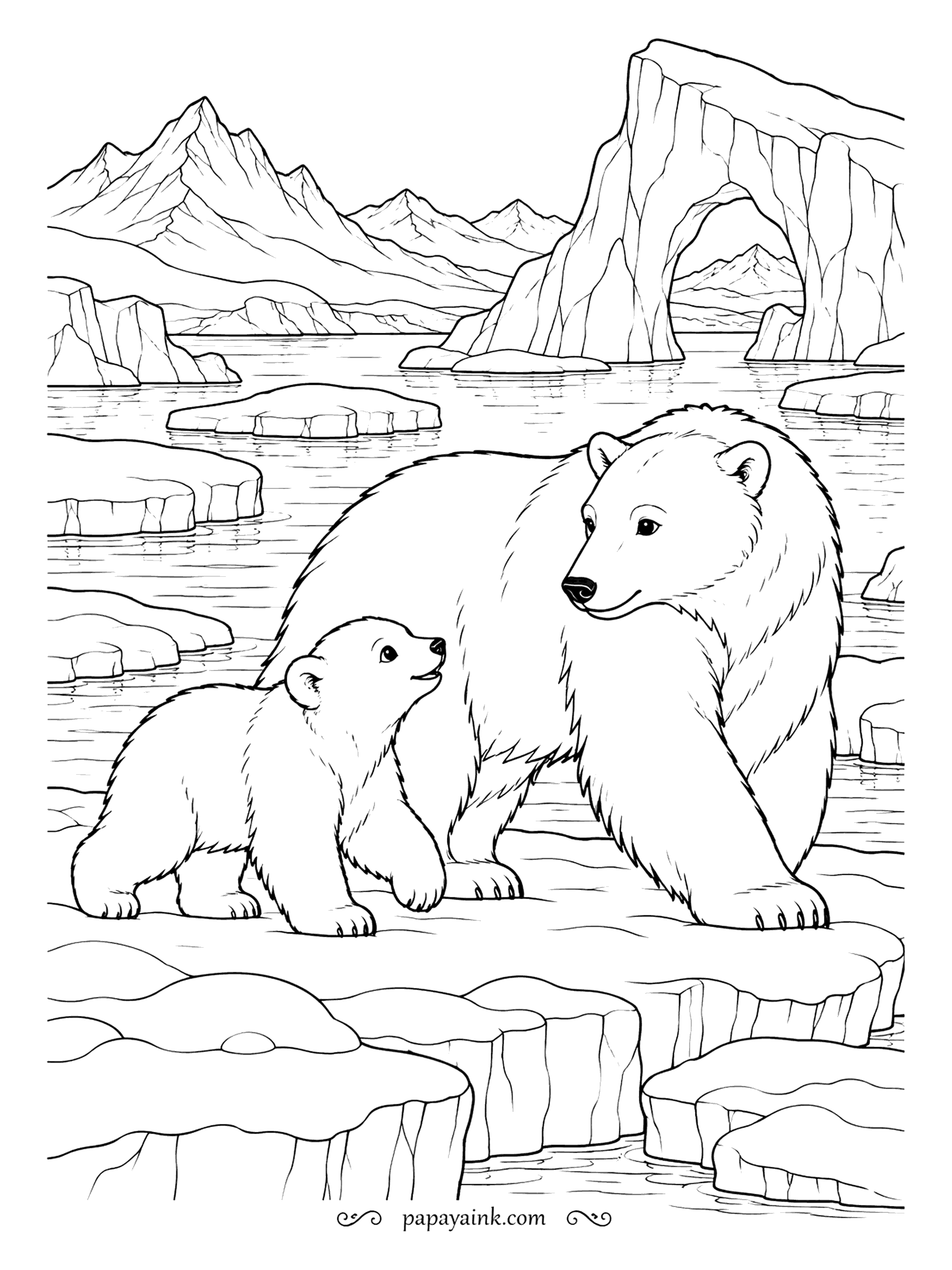 Free Printable Winter Coloring Pages - A mother polar bear and her cub on an ice shelf, with a natural ice arch and peaks across the water. Bears, ice and snow match, so this page is about shadows: pale blue on the ice, pale gray in the fur.