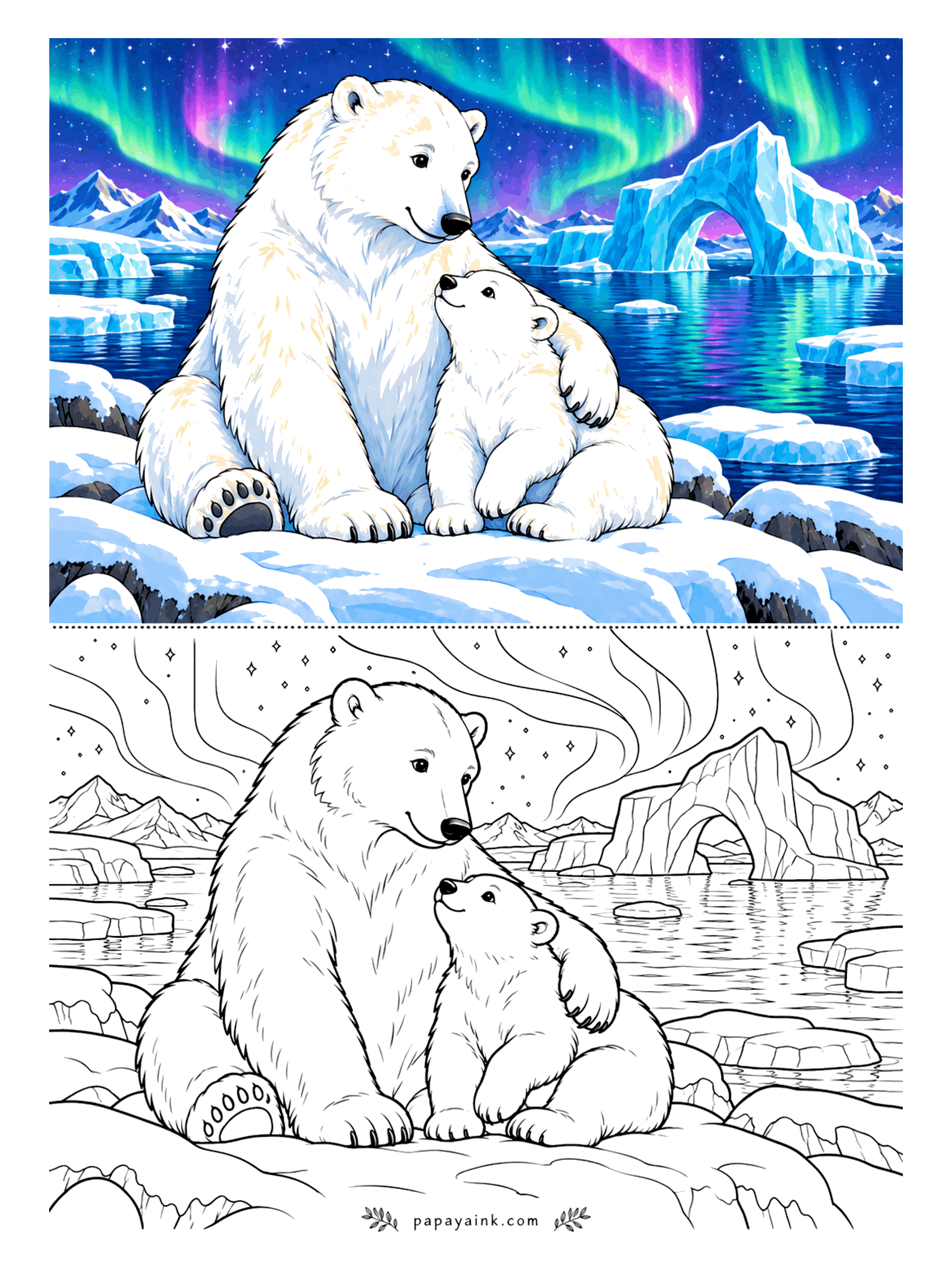 Polar Bear Coloring Pages - Northern lights ripple over the ice, an iceberg arch stands in the bay, and the polar bear sits with her cub against her side. The bears stay white; the sky is where the colors go - green, violet, pink in waves.