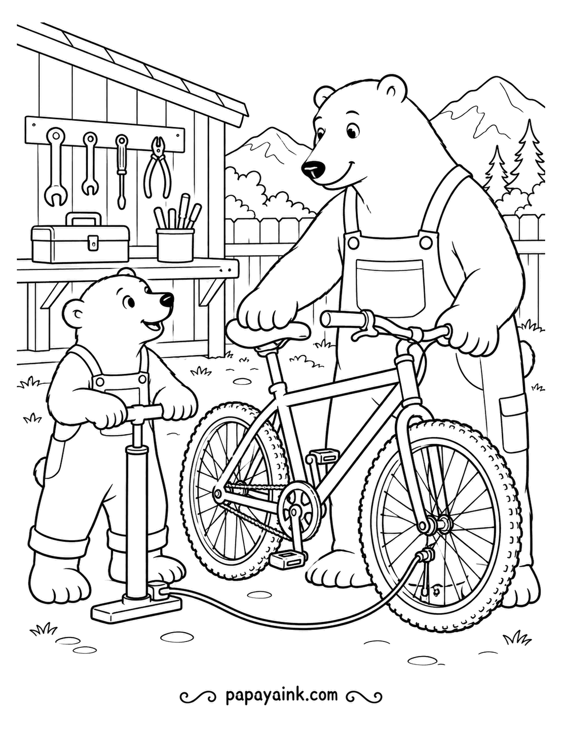Polar Bear Coloring Pages - Flat tire, no problem. The cub works the floor pump with all its weight while the grown bear in overalls holds the bike steady. Wrenches and pliers hang on the shed wall. Clean lines, easy to color.