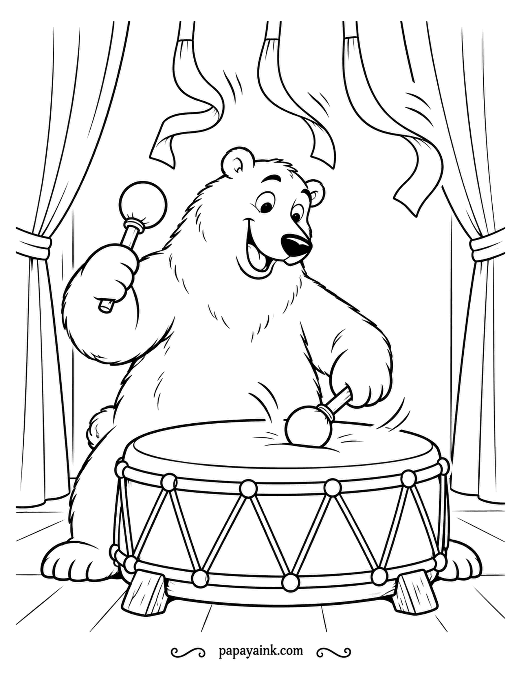 Polar Bear Coloring Pages - Boom, boom, boom: the bear drummer brings both mallets down on a huge festival drum, and the streamers above the stage start to shake. Zigzag cords around the drum make a fun design to color. Bold cartoon lines.