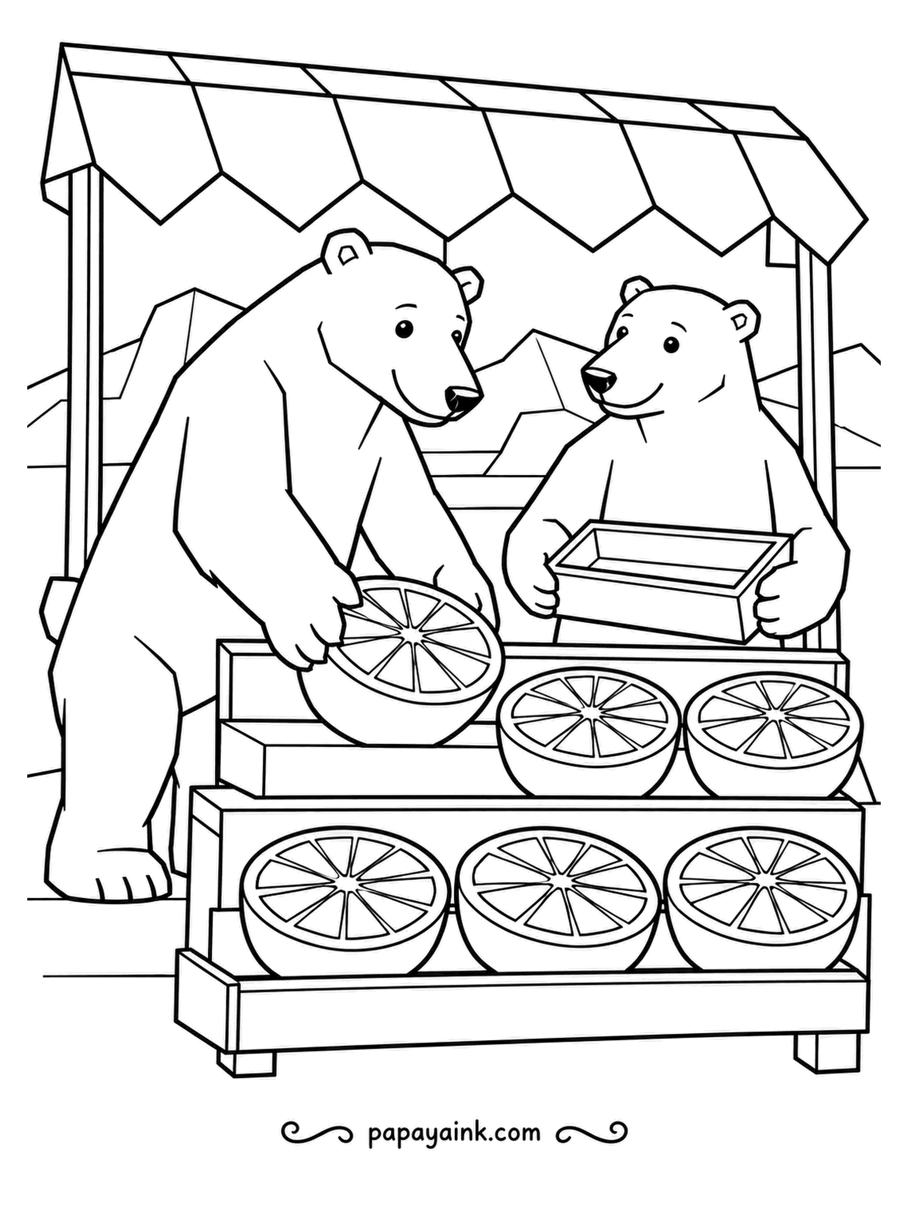 Polar Bear Coloring Pages - Halved oranges on display, cut side up, so every passerby can see how juicy they are. Two bears run the stall under a striped awning. Bold, simple outlines - lots of orange and yellow ahead.