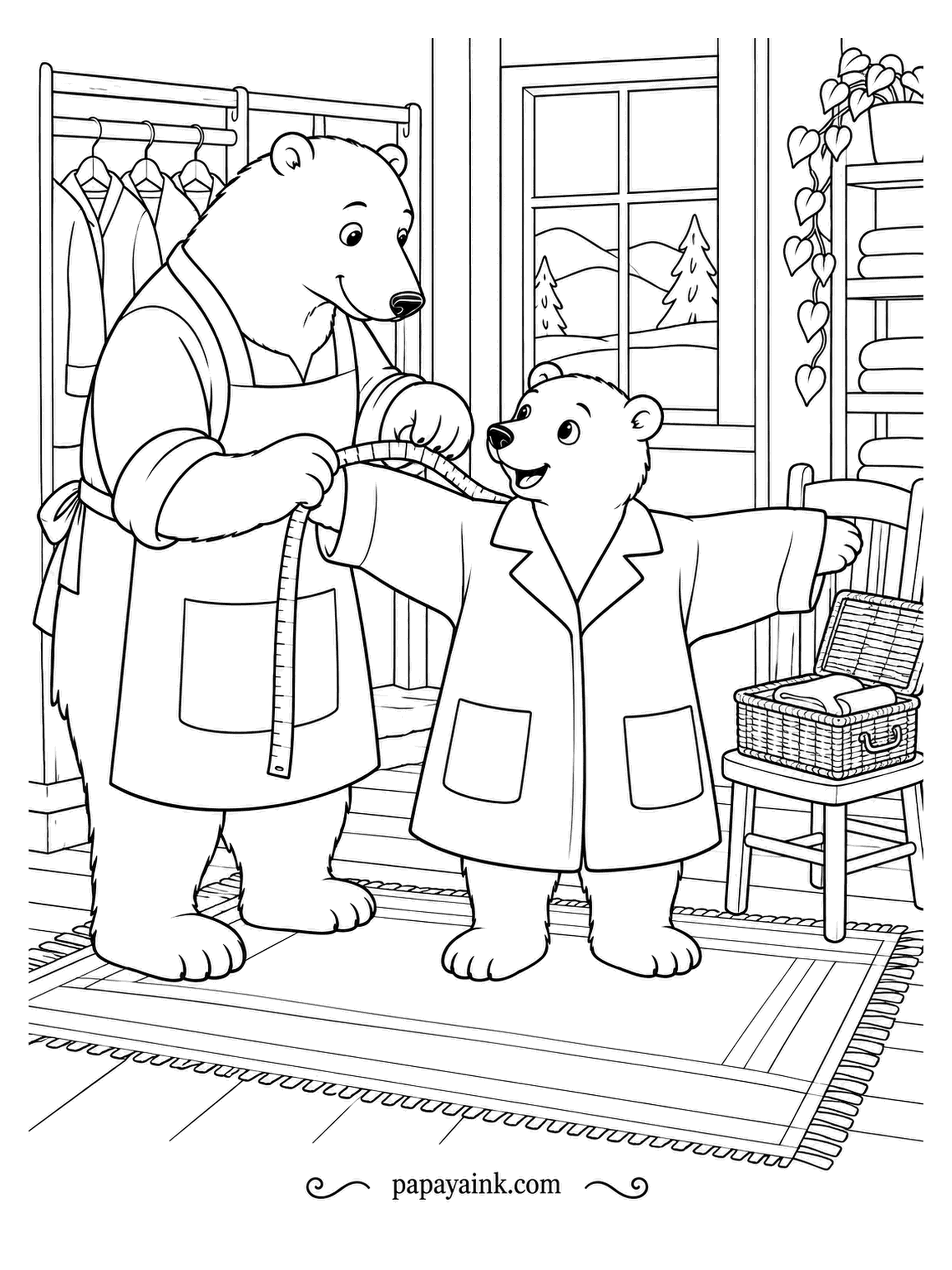 Polar Bear Coloring Pages - A tape measure around the sleeve, and a cub standing very still for the tailor. Polar bears hardly need coats - dense fur and a thick fat layer keep out the Arctic cold - so this one is pure fashion. Detailed workshop.