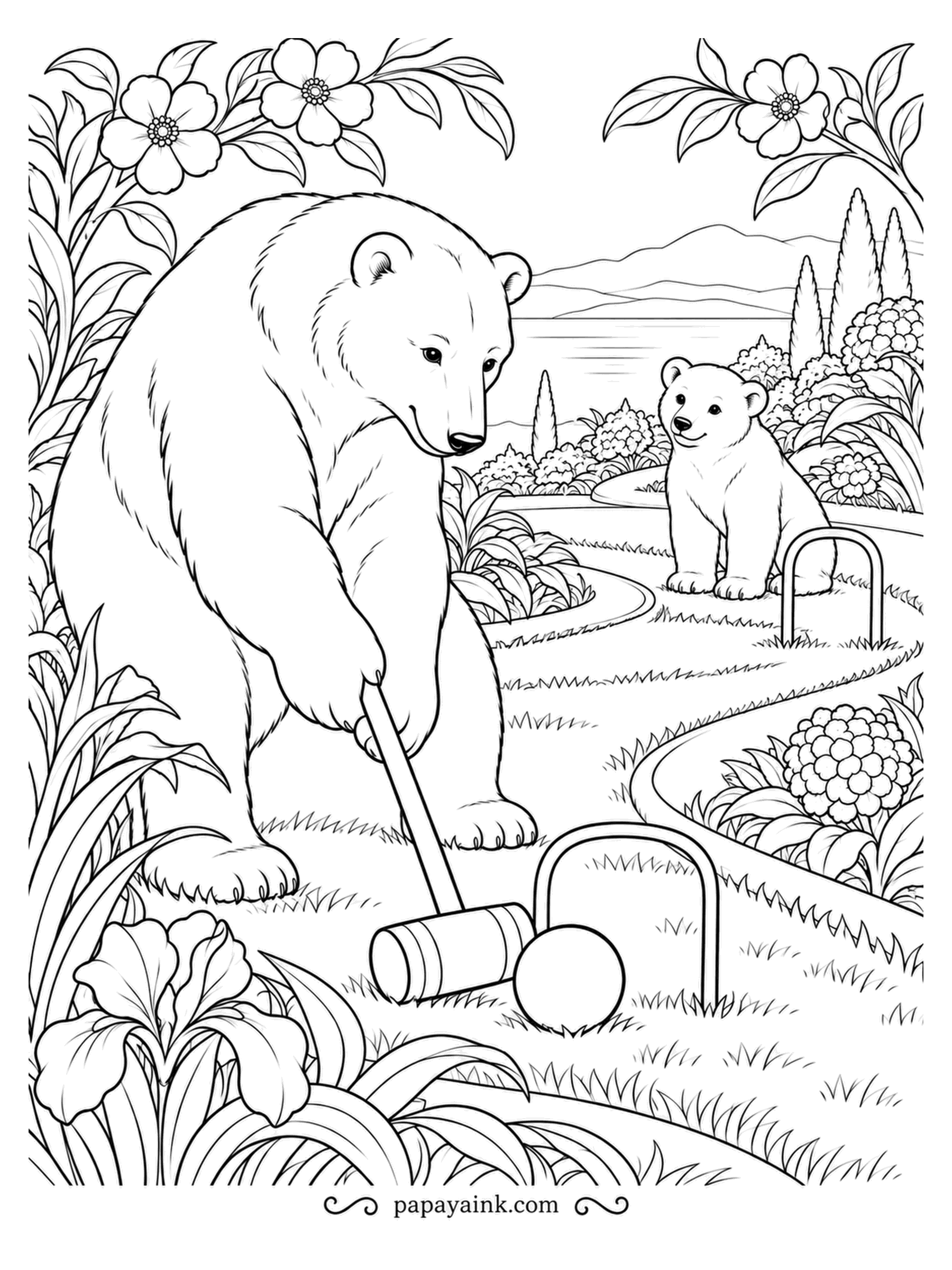 Polar Bear Coloring Pages - One careful tap, and the ball should roll through the hoop. A cub waits by the next wicket to see if the shot goes in. Blossoms, cypresses and a winding lawn for patient pencils.