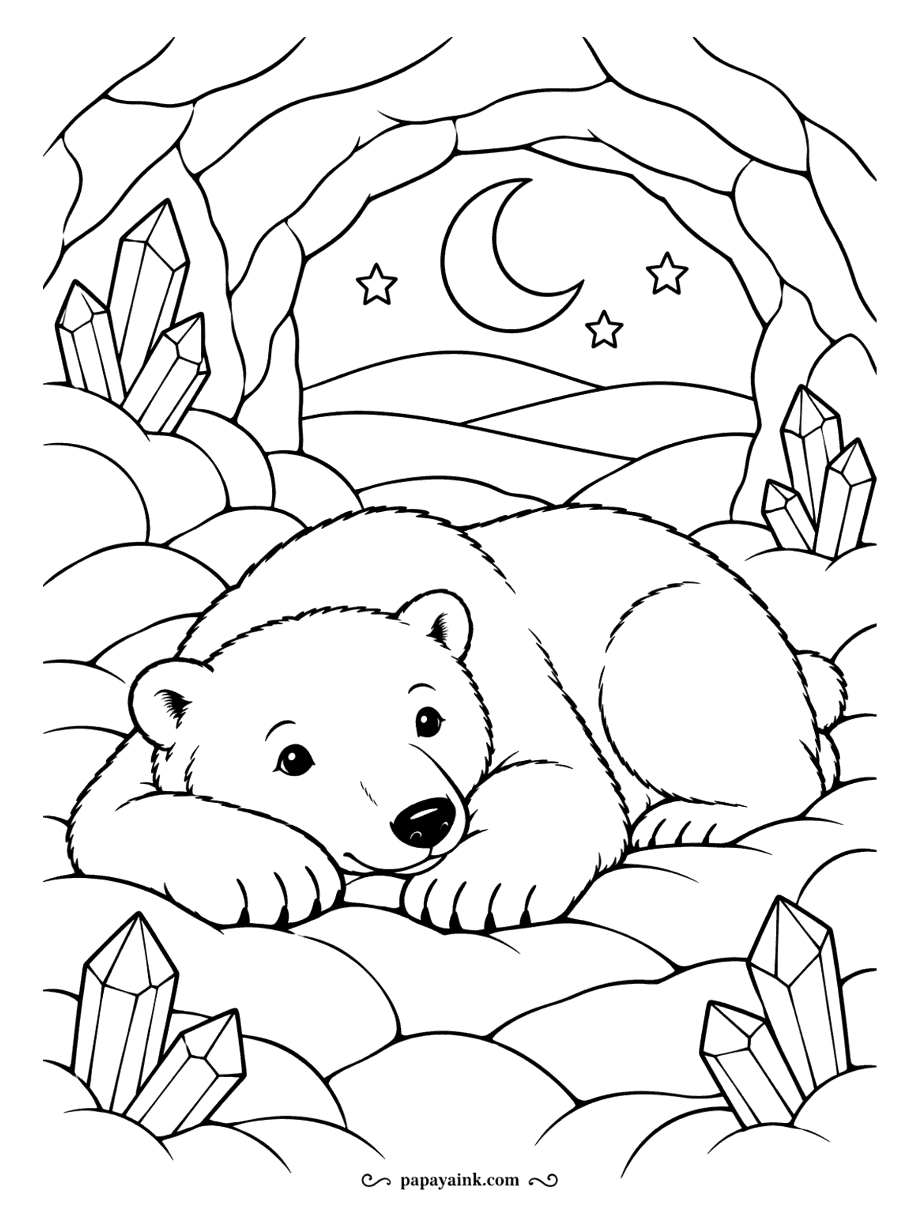 Polar Bear Coloring Pages - Curled up in a snow den with crystals glinting at the entrance, the cub is already asleep while a crescent moon and a few stars keep watch outside. Soft and simple: lavender shadows on the snow, nothing more.