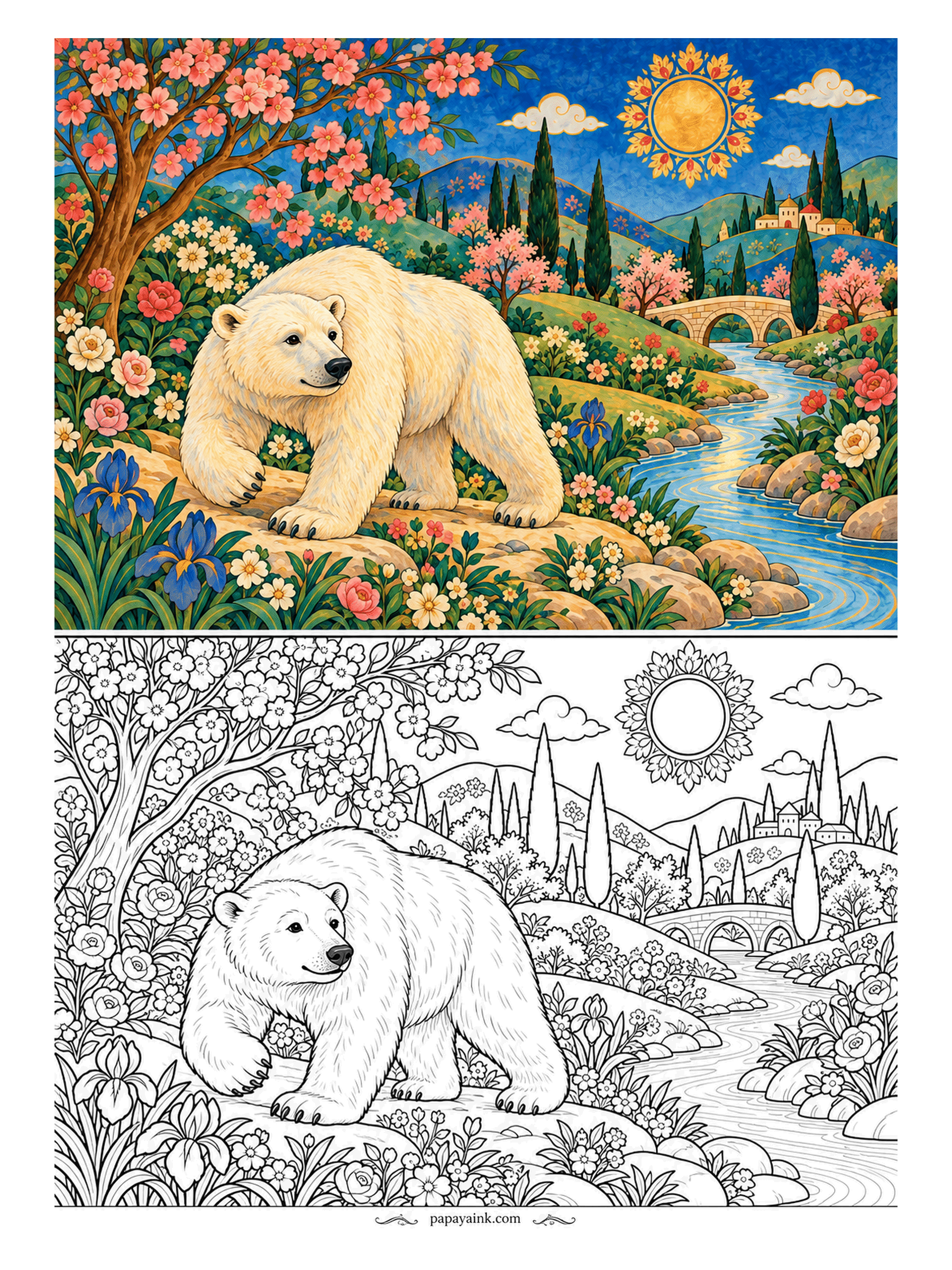 Polar Bear Coloring Pages - Nobody told the polar bear this is a southern garden, and it ambles down to the stream between blossoms and irises looking pleased with the change of scene. The cream fur wants almost no pencil at all - shade the shadows and stop.