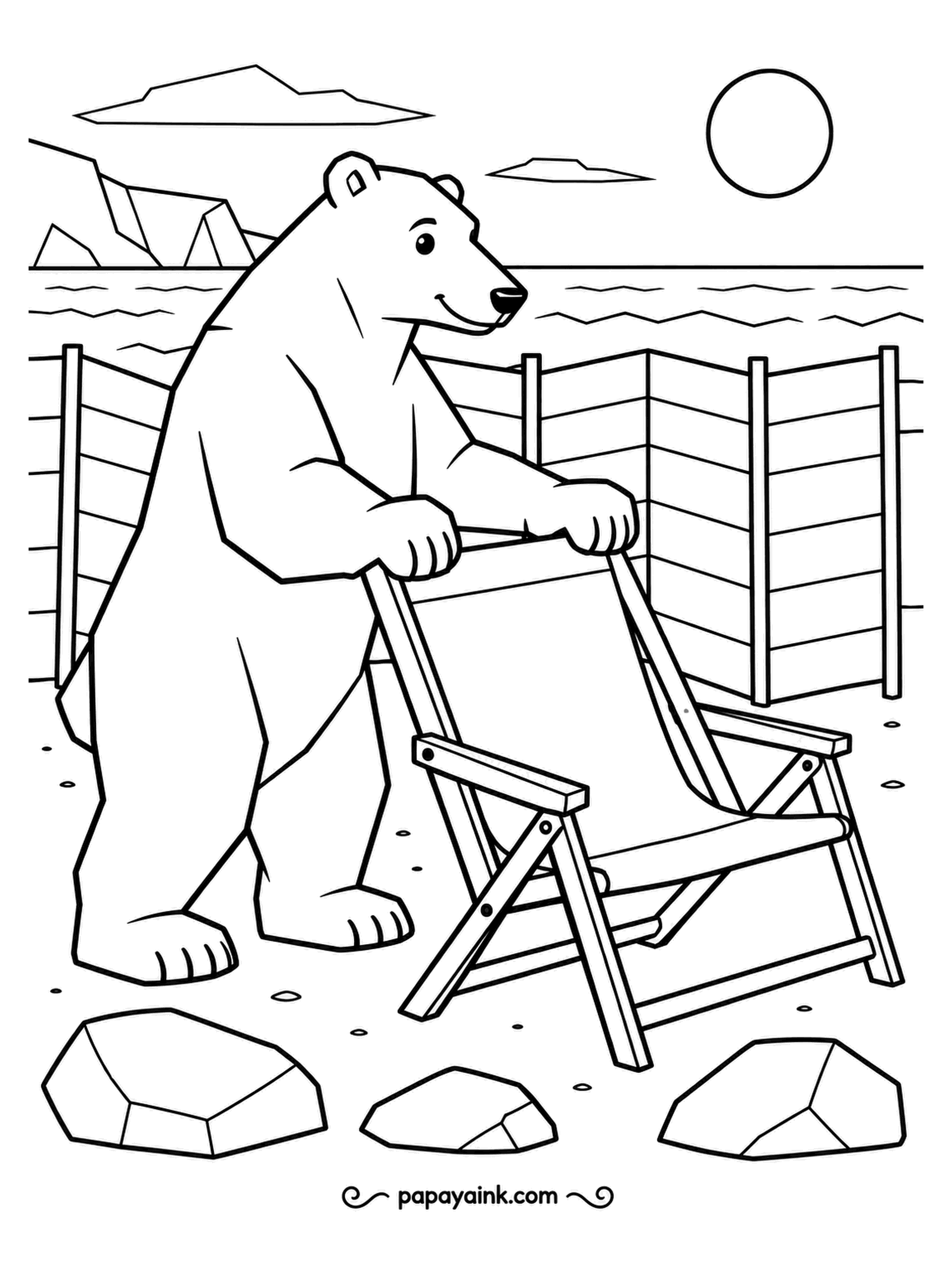 Polar Bear Coloring Pages - Setting up a deck chair on the shore, with icebergs floating out in the bay. A striped windbreak shelters the spot. Clean angular lines and lots of open space.