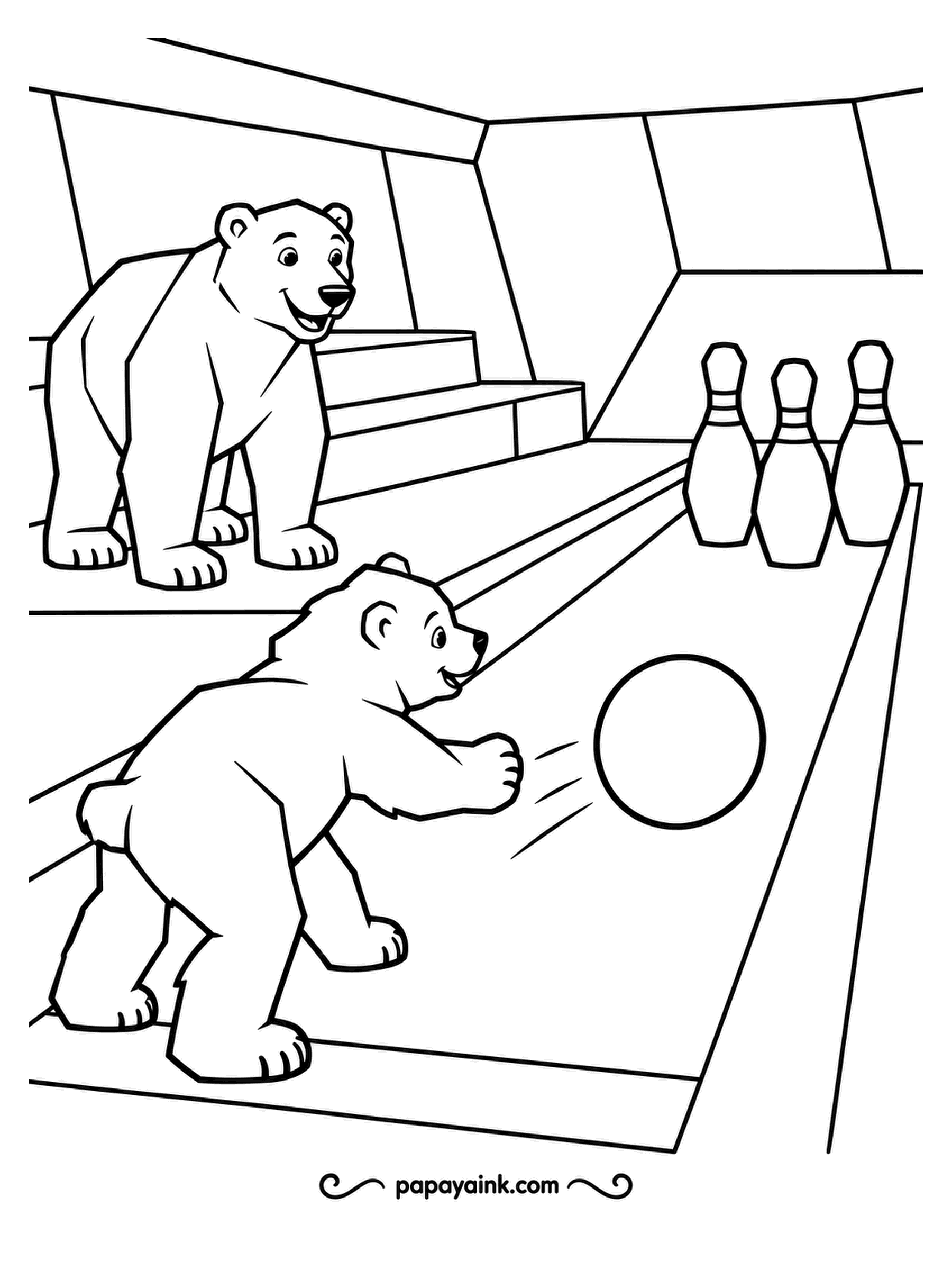 Polar Bear Coloring Pages - Three pins at the end of the lane, and the cub lets the ball go with a big swing. A grown bear waits by the steps for its turn. Angular, faceted shapes - nice with markers and a ruler.