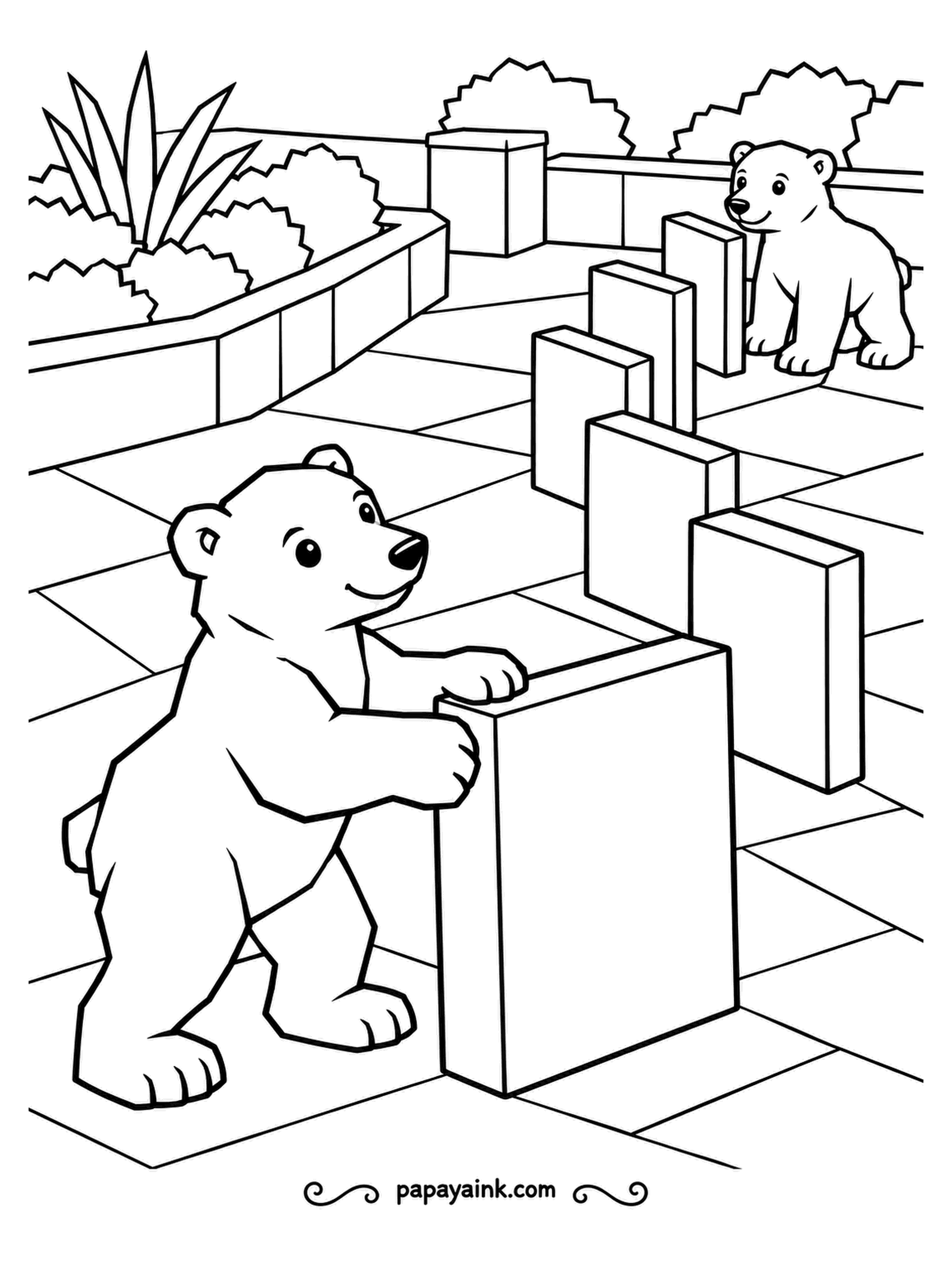 Polar Bear Coloring Pages - One gentle push, and the giant dominoes should fall in a row. The nearer cub waits for the moment, while the second watches from the far end. Big, blocky shapes on a tiled patio.