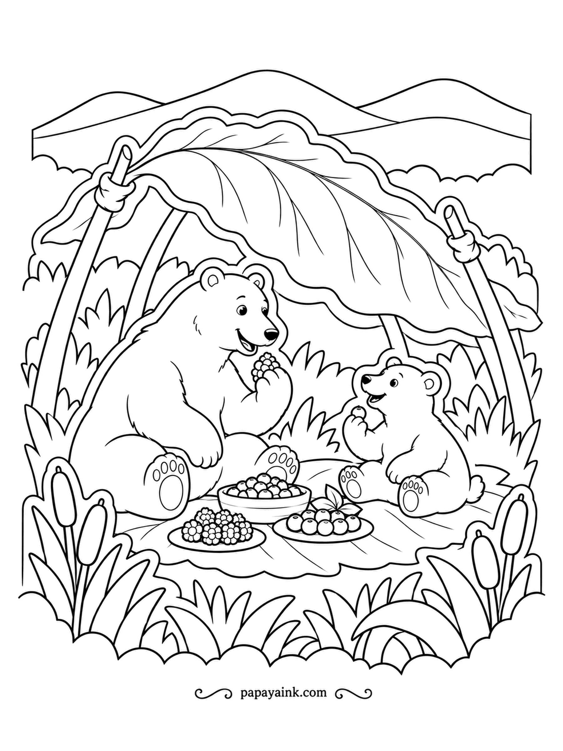 Polar Bear Coloring Pages - A giant leaf stretched over two poles makes an ideal picnic shelter. A mother and cub share bowls of berries underneath. In summer, when the sea ice melts, polar bears ashore really do nibble berries. Layered paper-cut style.