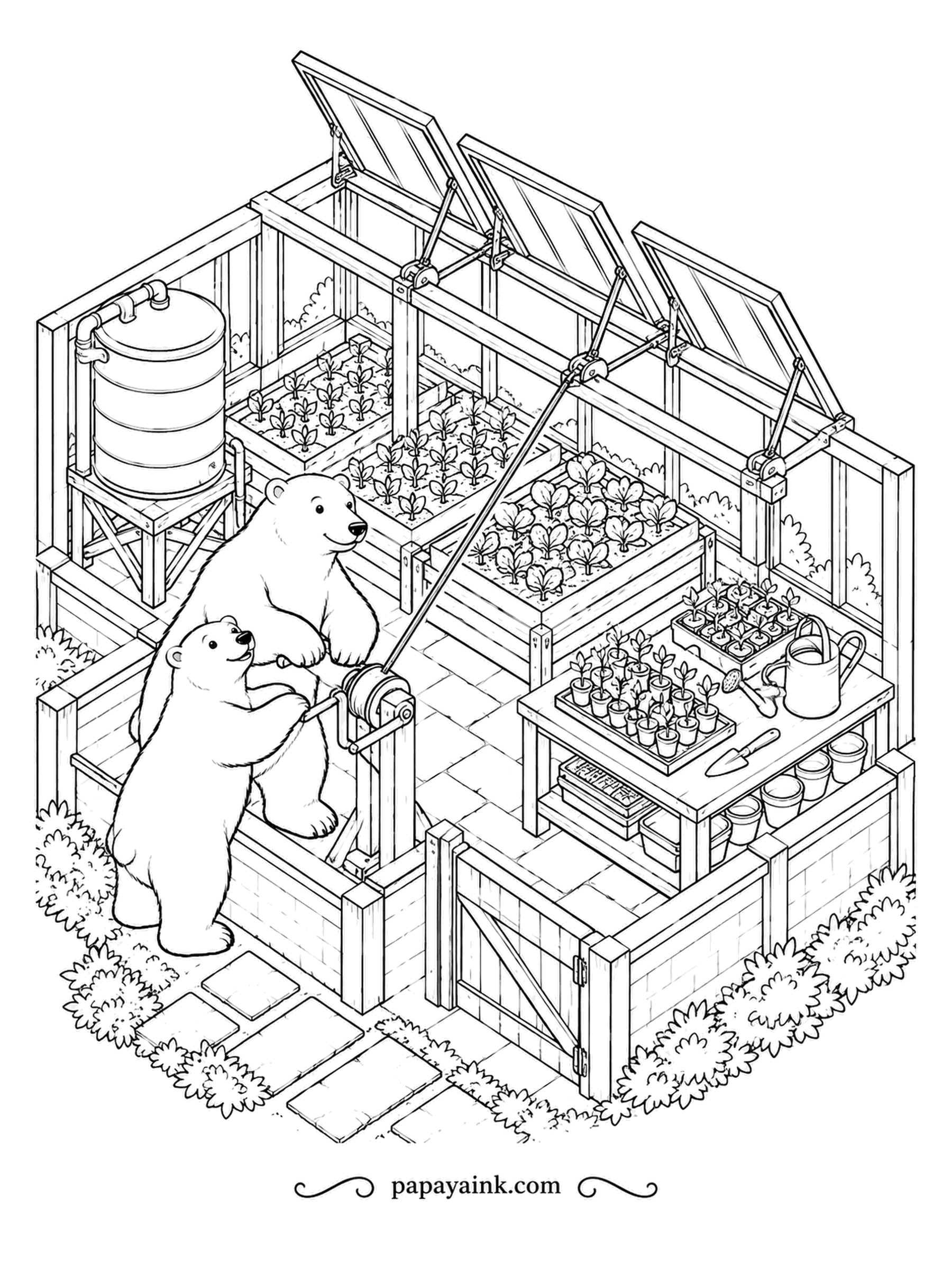 Polar Bear Coloring Pages - Opening day in the greenhouse: two bears turn the crank that lifts the glass roof panels. Seedlings in rows, a water tank and a watering can fill the corners. Isometric, with plenty of fine work.