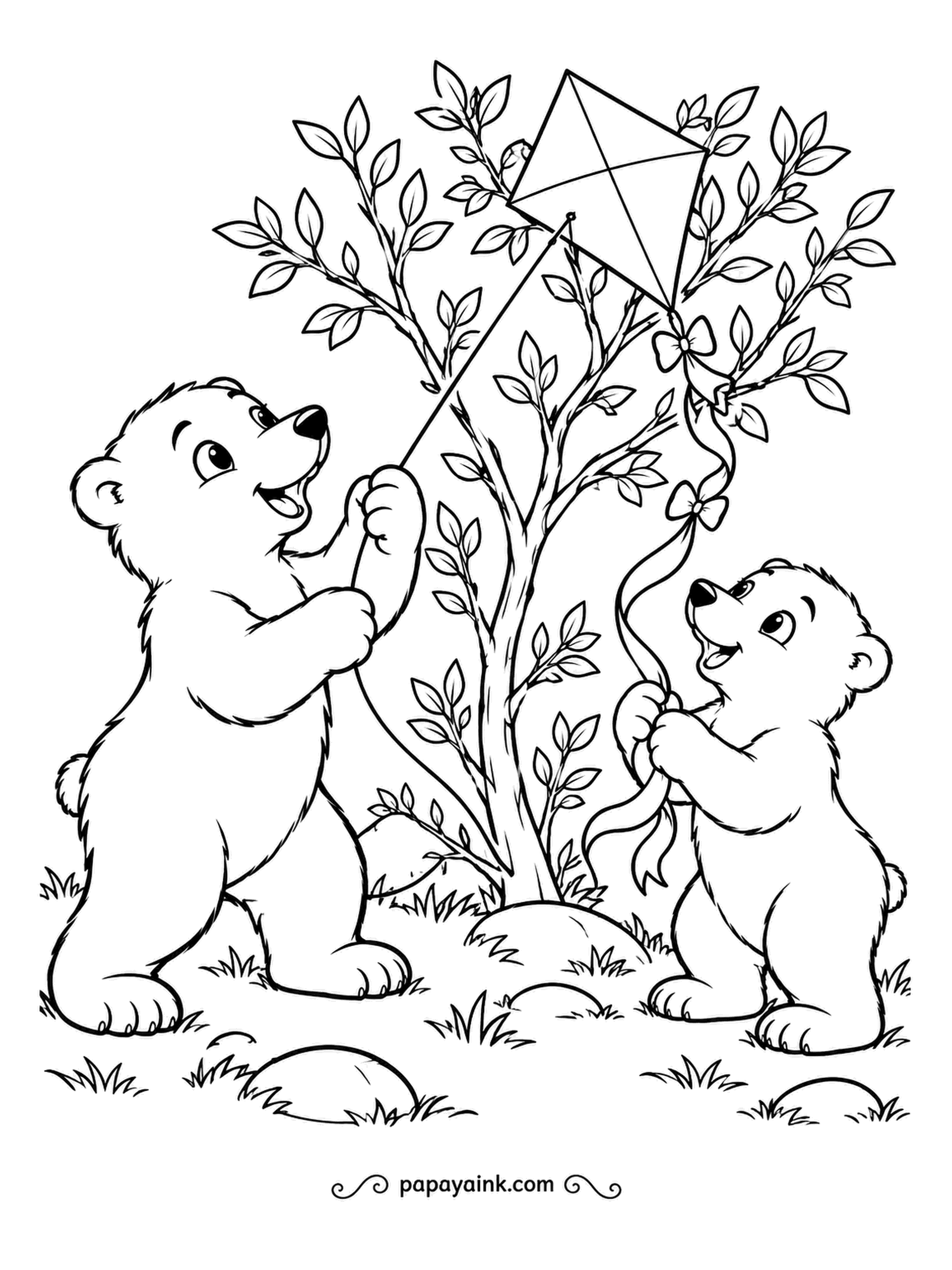 Polar Bear Coloring Pages - The kite has landed in a tree, of course. One cub tugs the line while the other untangles the ribbon tail from the branches. Leafy twigs and simple grass - a light, cheerful page.