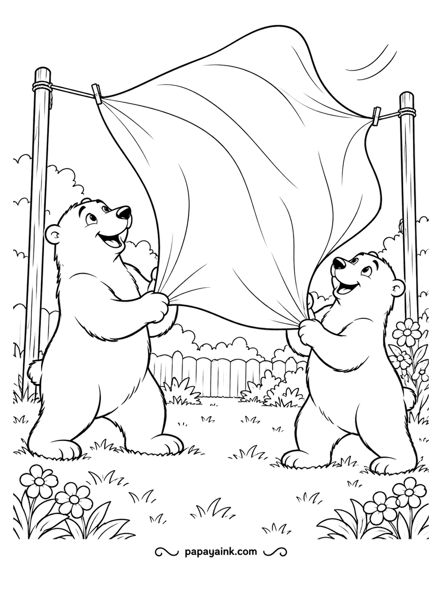 Polar Bear Coloring Pages - A gust of wind catches the sheet just as it goes on the line, and two cubs hang on with all their strength. Grass, daisies and a picket fence frame them. Cheerful cartoon style.