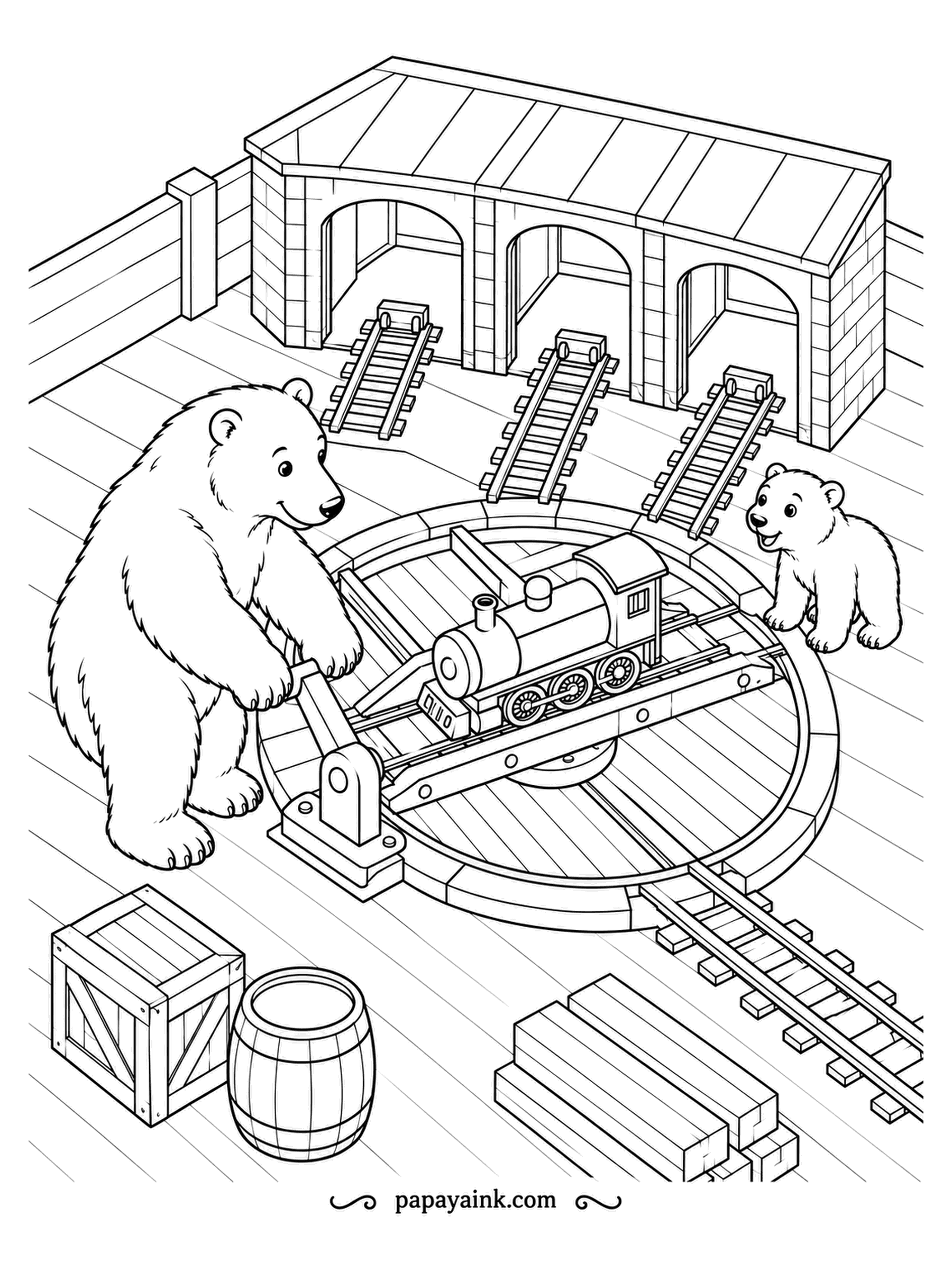 Polar Bear Coloring Pages - A tiny engine on the turntable, three tracks leading into the roundhouse, and a bear lining it up for the right stall. The cub peeks from the side. Isometric lines, crates and a barrel.