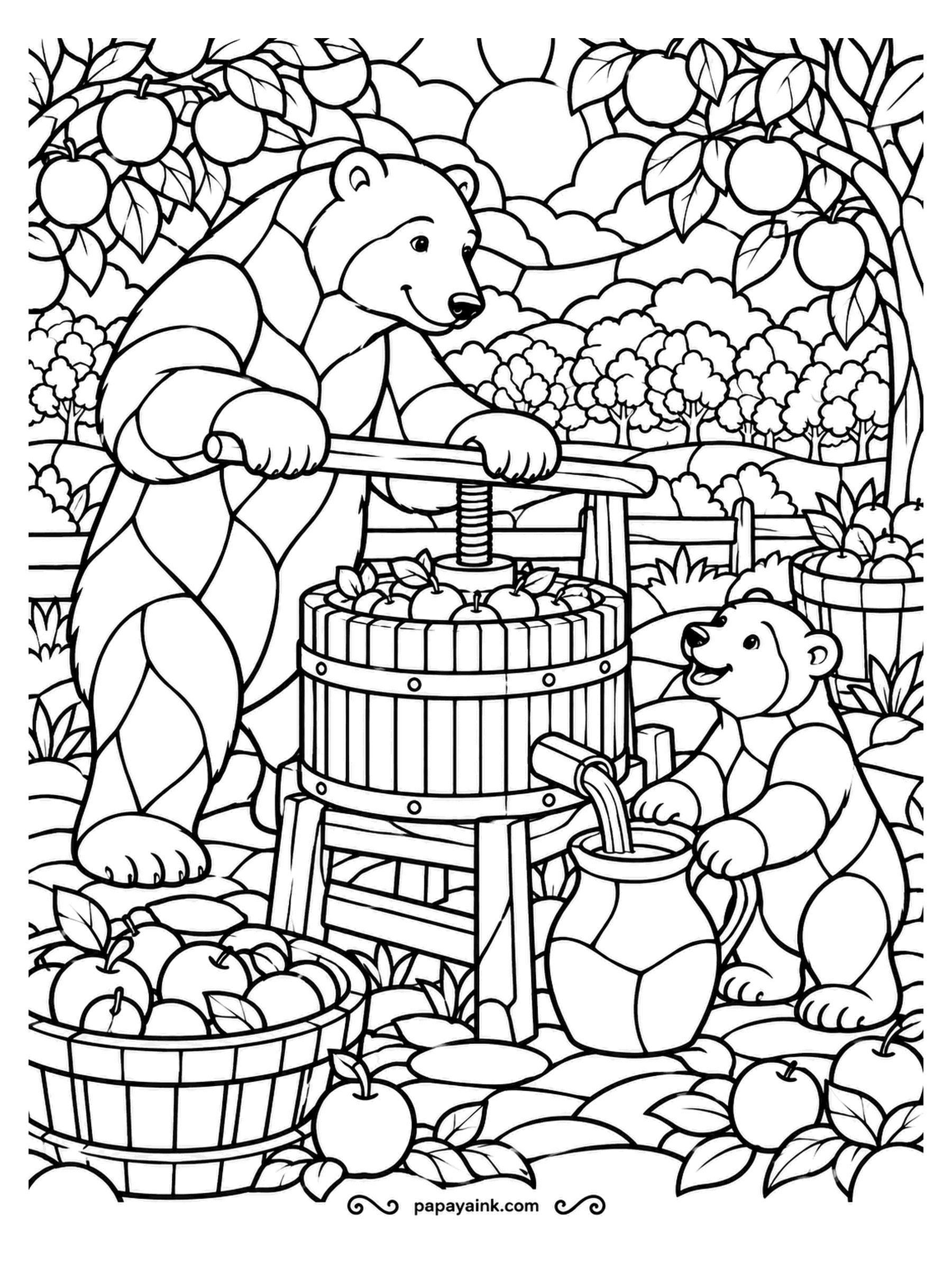 Polar Bear Coloring Pages - Cider day in the orchard. The adult turns the press screw, and the cub catches the fresh juice in a jug. Stained-glass cells cover every apple, barrel and leaf - perfect for jewel tones.